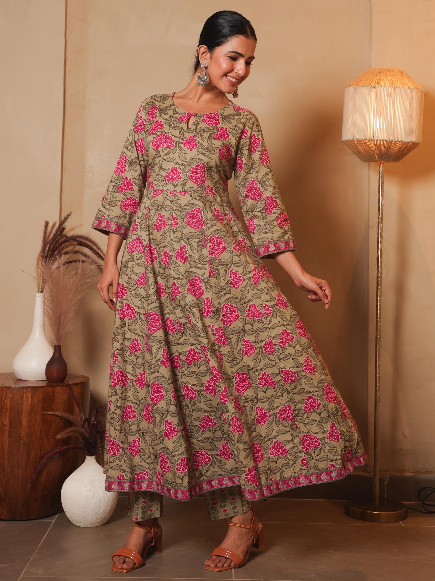 Soft Cotton Floral Anarkali Pink Kurta