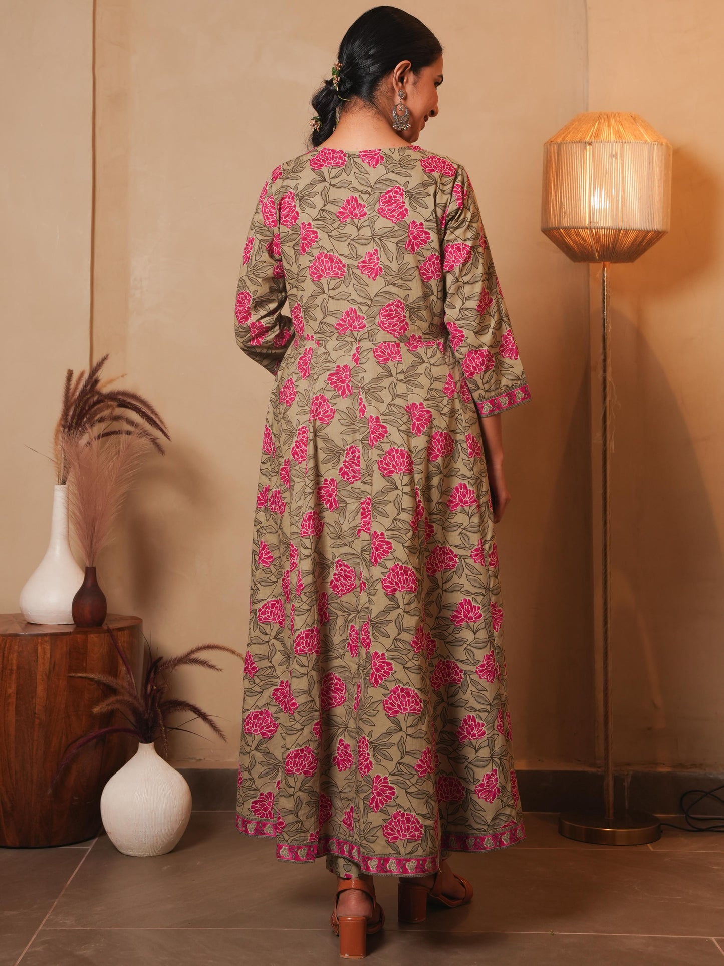 Soft Cotton Floral Anarkali Pink Kurta