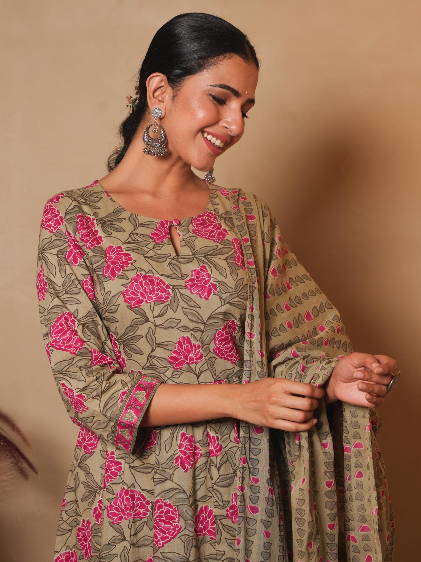 Soft Cotton Floral Anarkali Pink Kurta