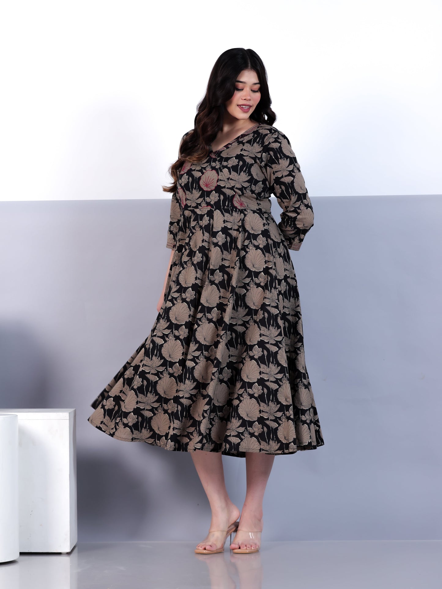 Embroidered Soft Cotton Floral Angrakha Black Dress