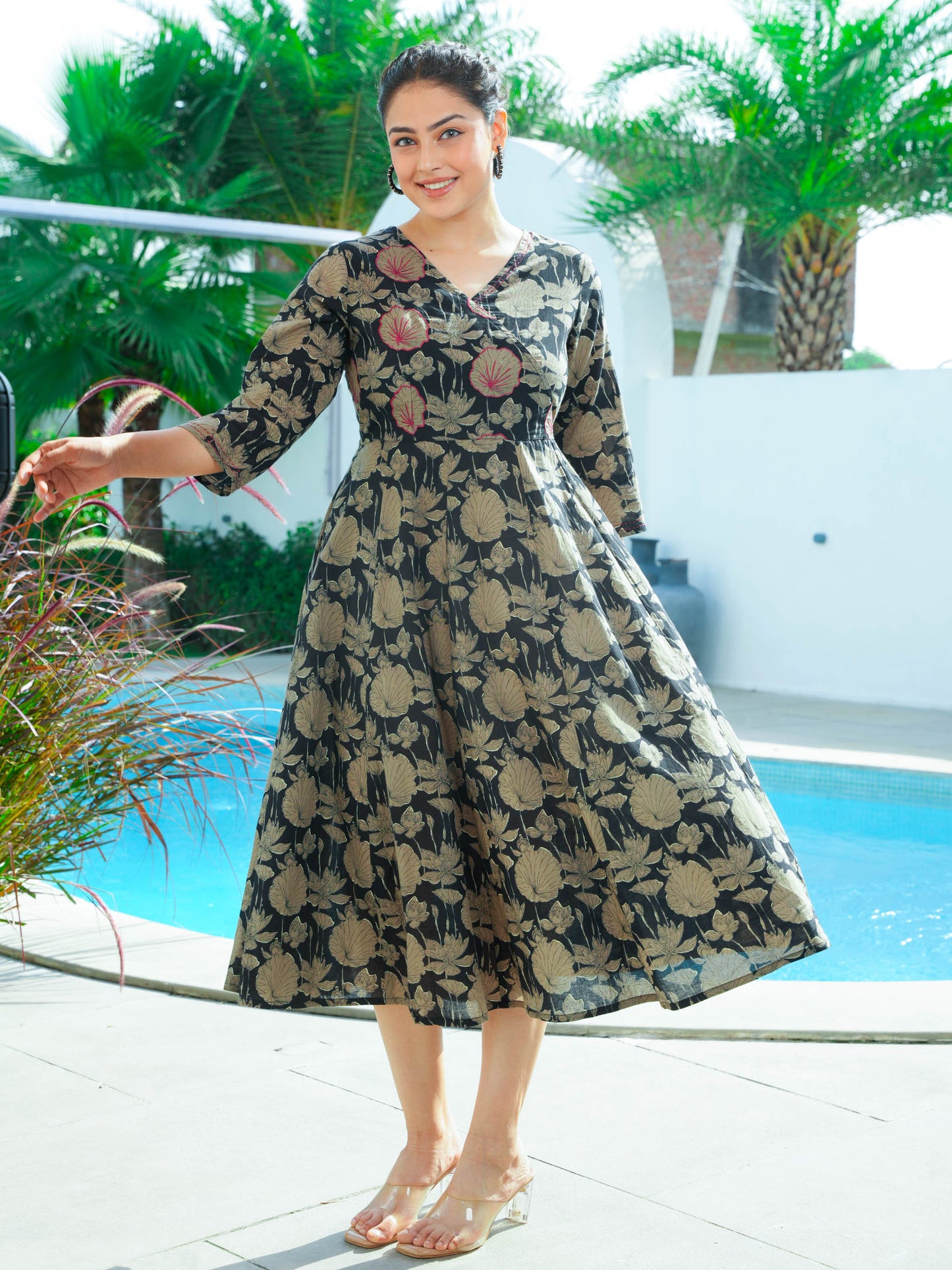 Embroidered Soft Cotton Floral Angrakha Black Dress