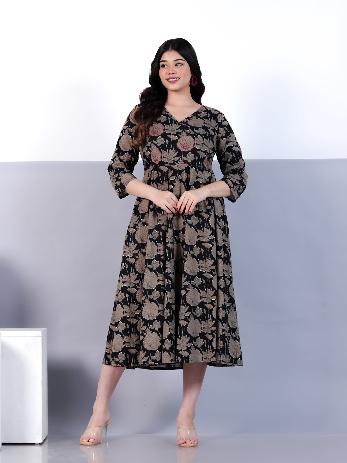 Embroidered Soft Cotton Floral Angrakha Black Dress