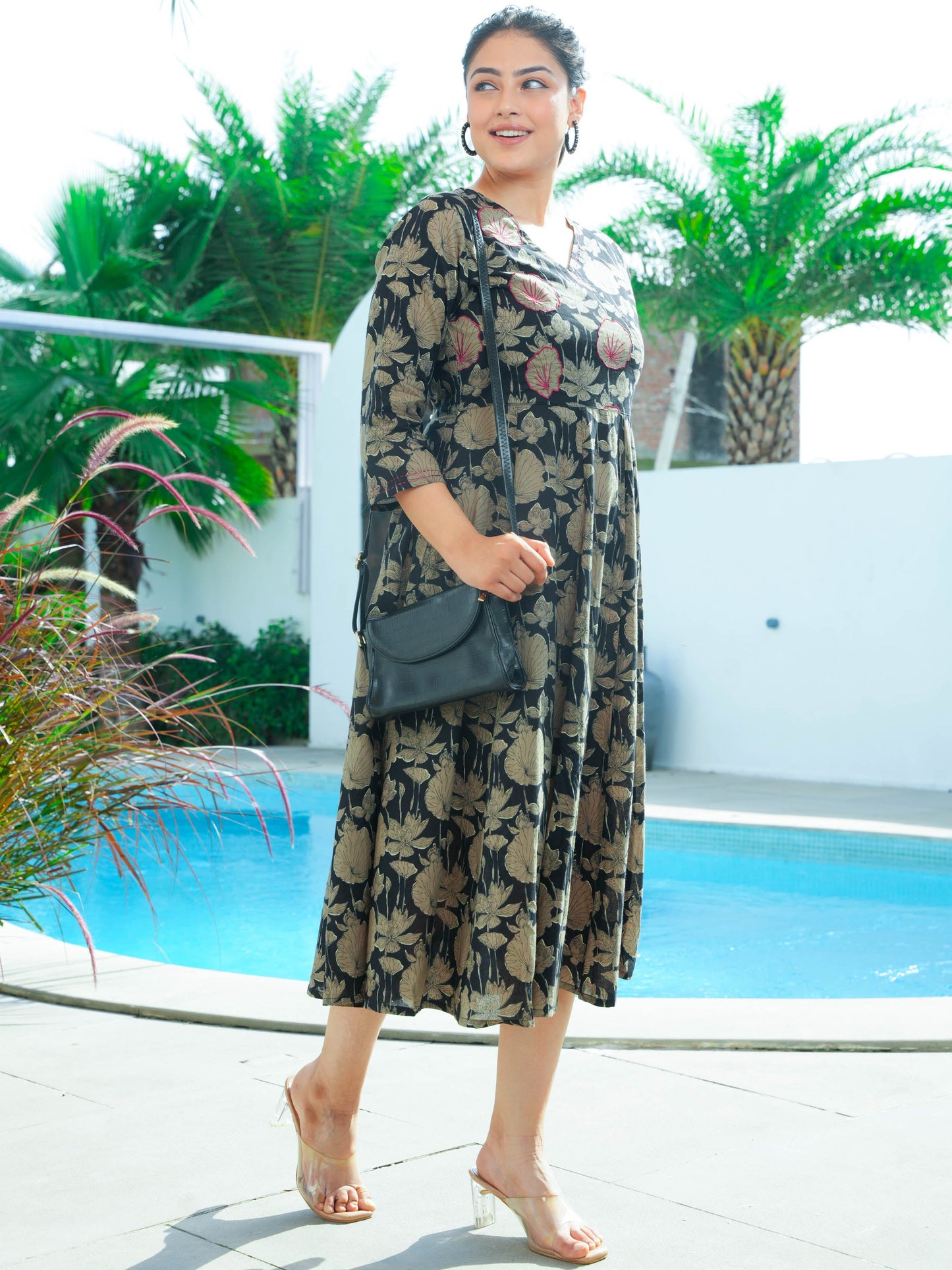 Embroidered Soft Cotton Floral Angrakha Black Dress