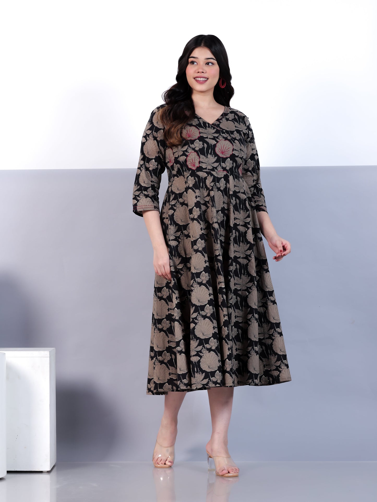 Embroidered Soft Cotton Floral Angrakha Black Dress