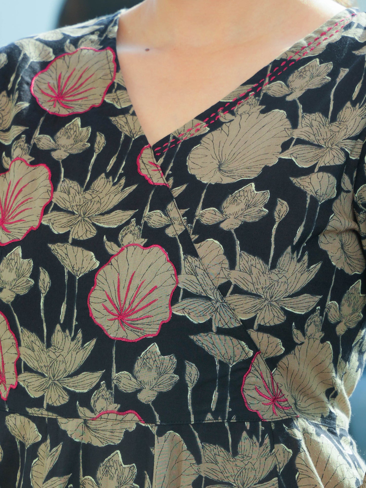 Embroidered Soft Cotton Floral Angrakha Black Dress