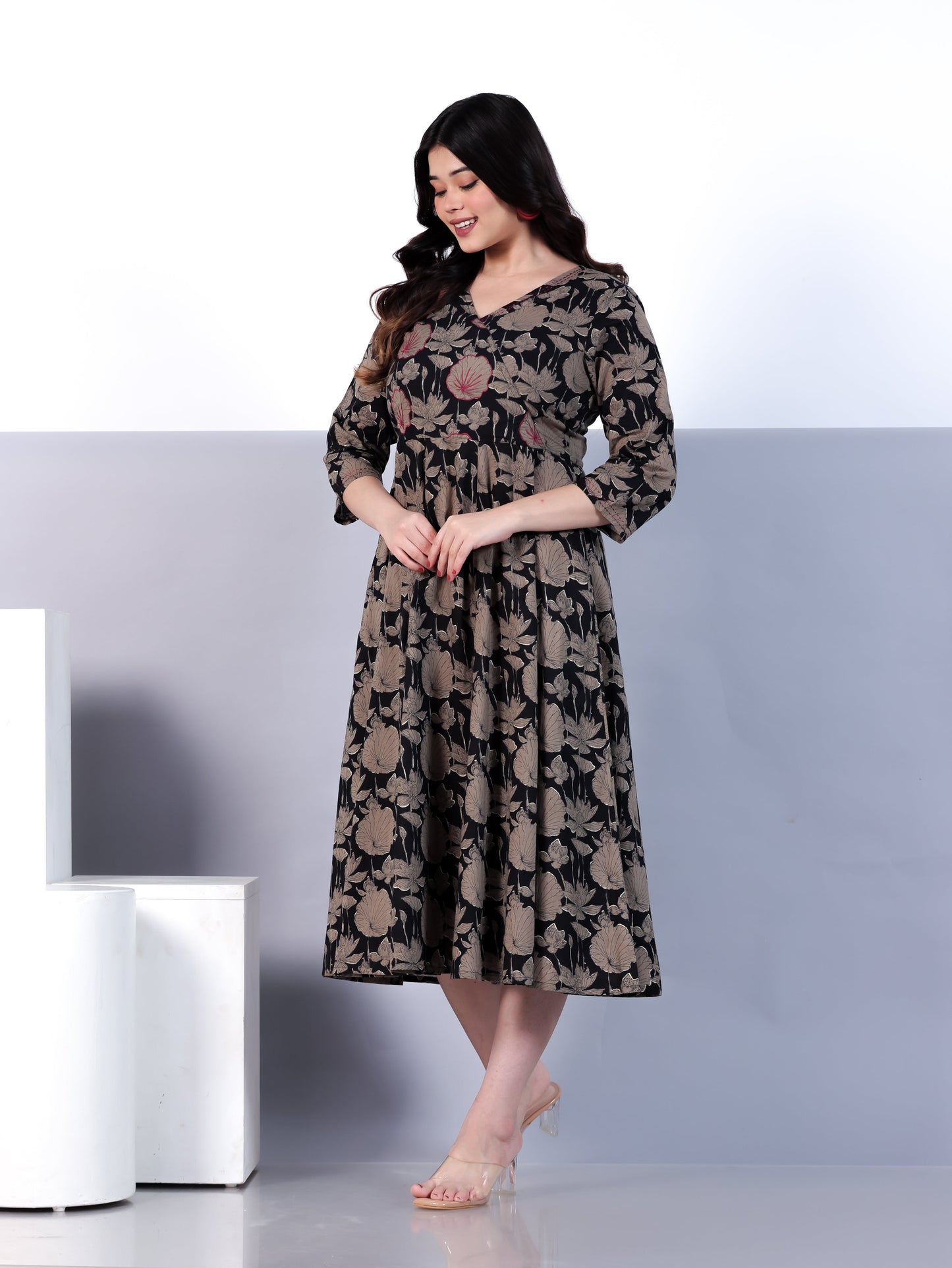 Embroidered Soft Cotton Floral Angrakha Black Dress