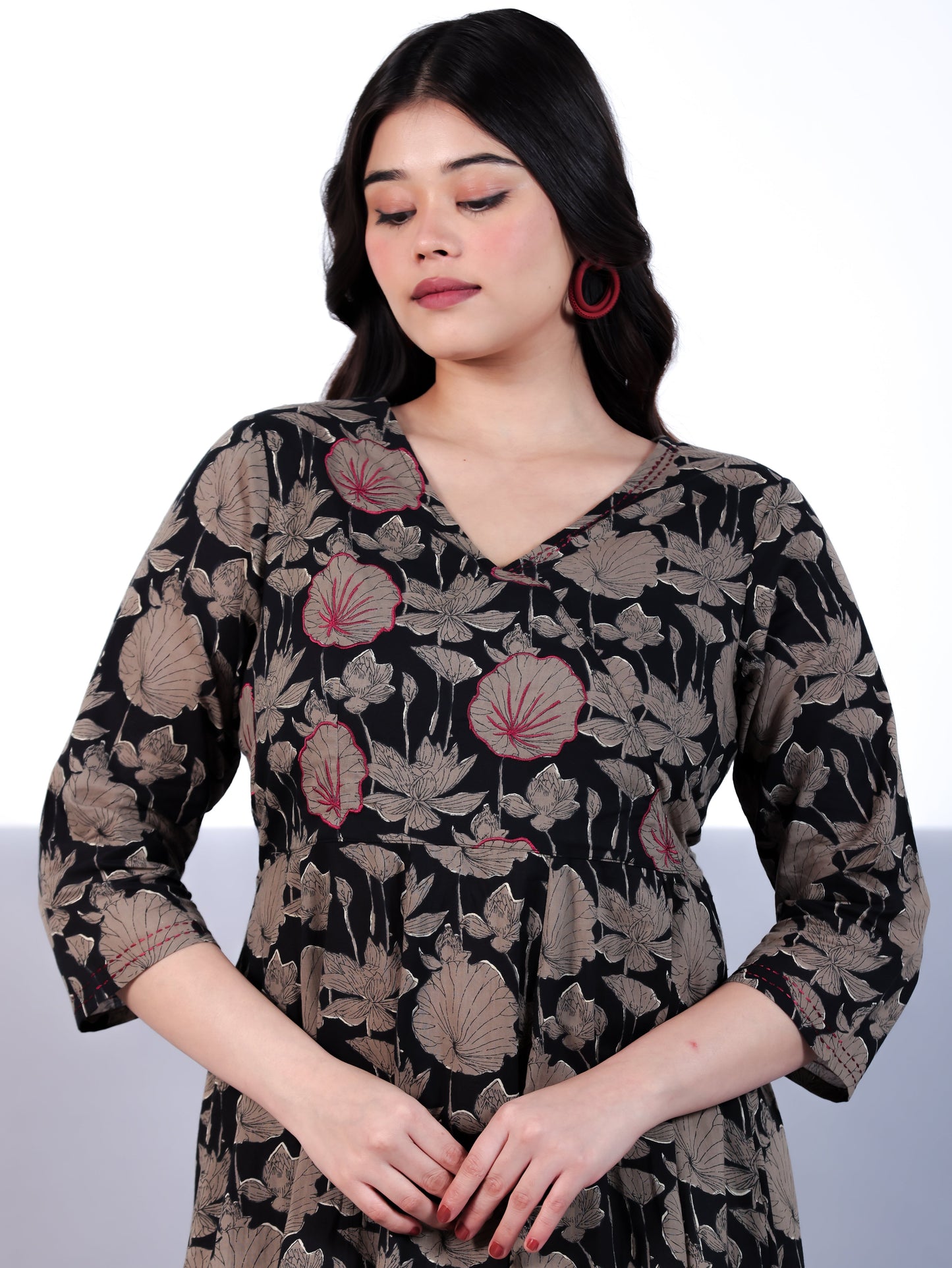 Embroidered Soft Cotton Floral Angrakha Black Dress