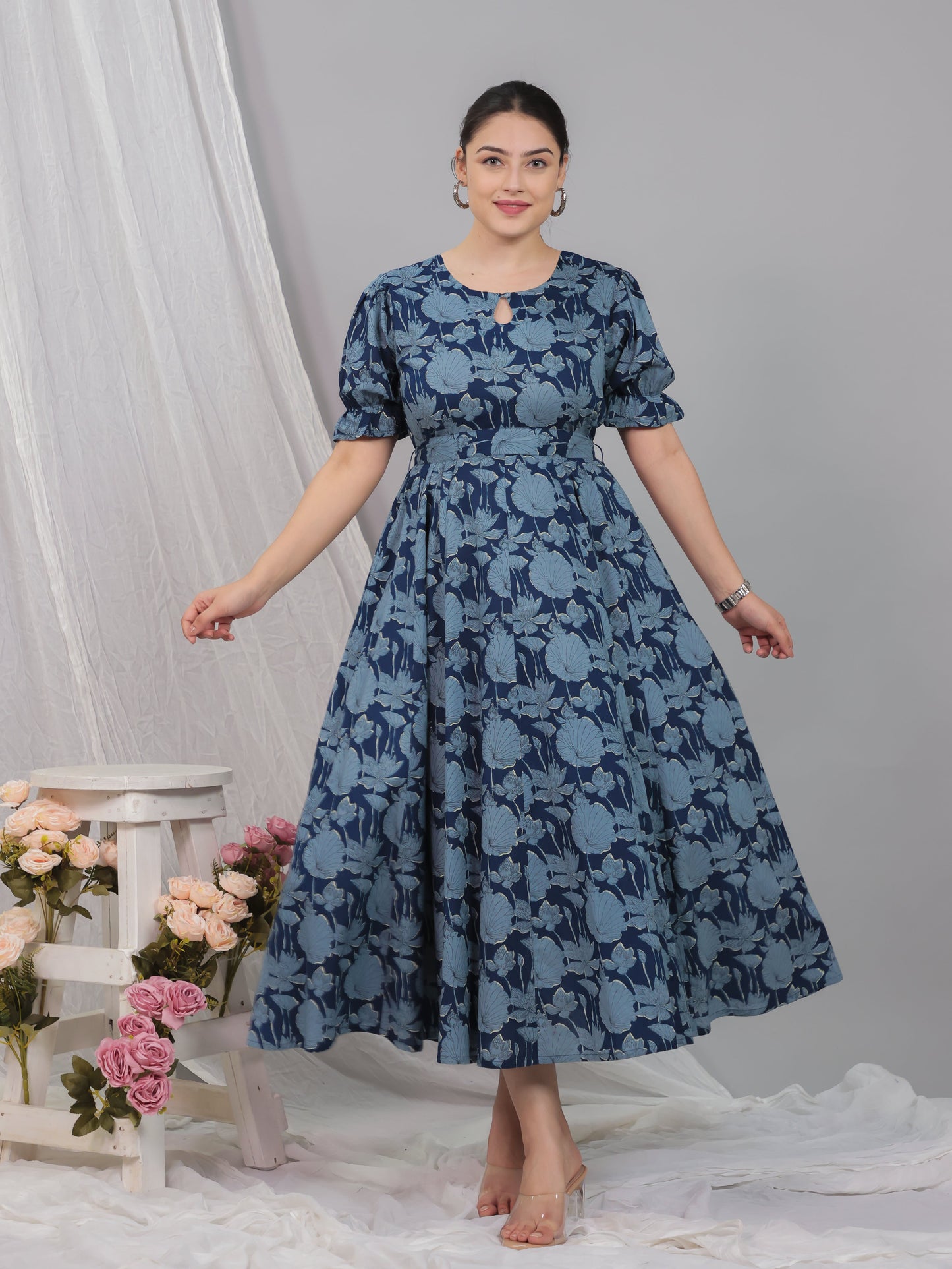 Soft Cotton Floral Flared Blue Dress