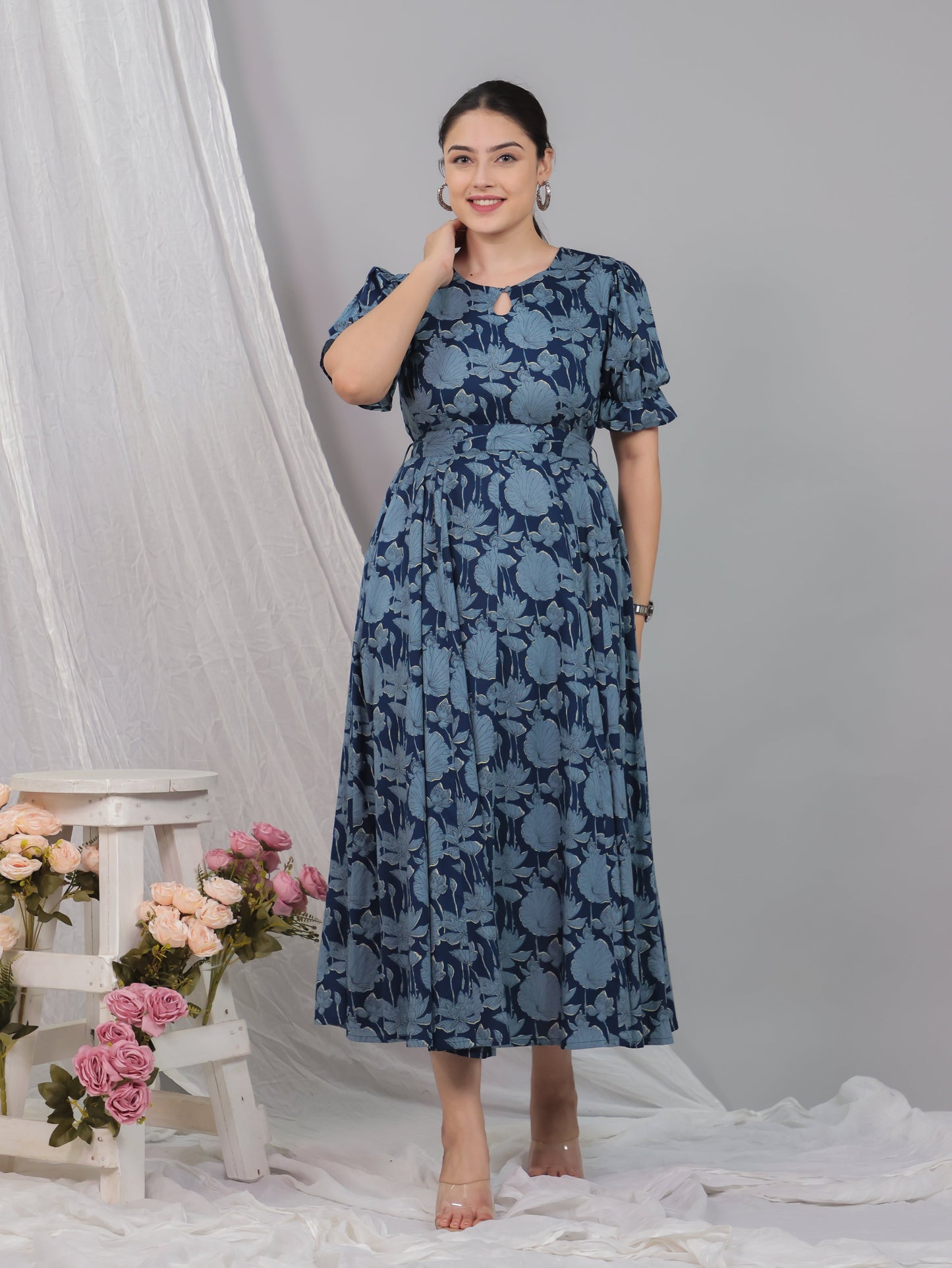 Soft Cotton Floral Flared Blue Dress