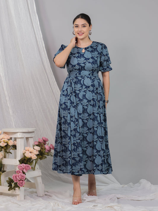Soft Cotton Floral Flared Blue Dress