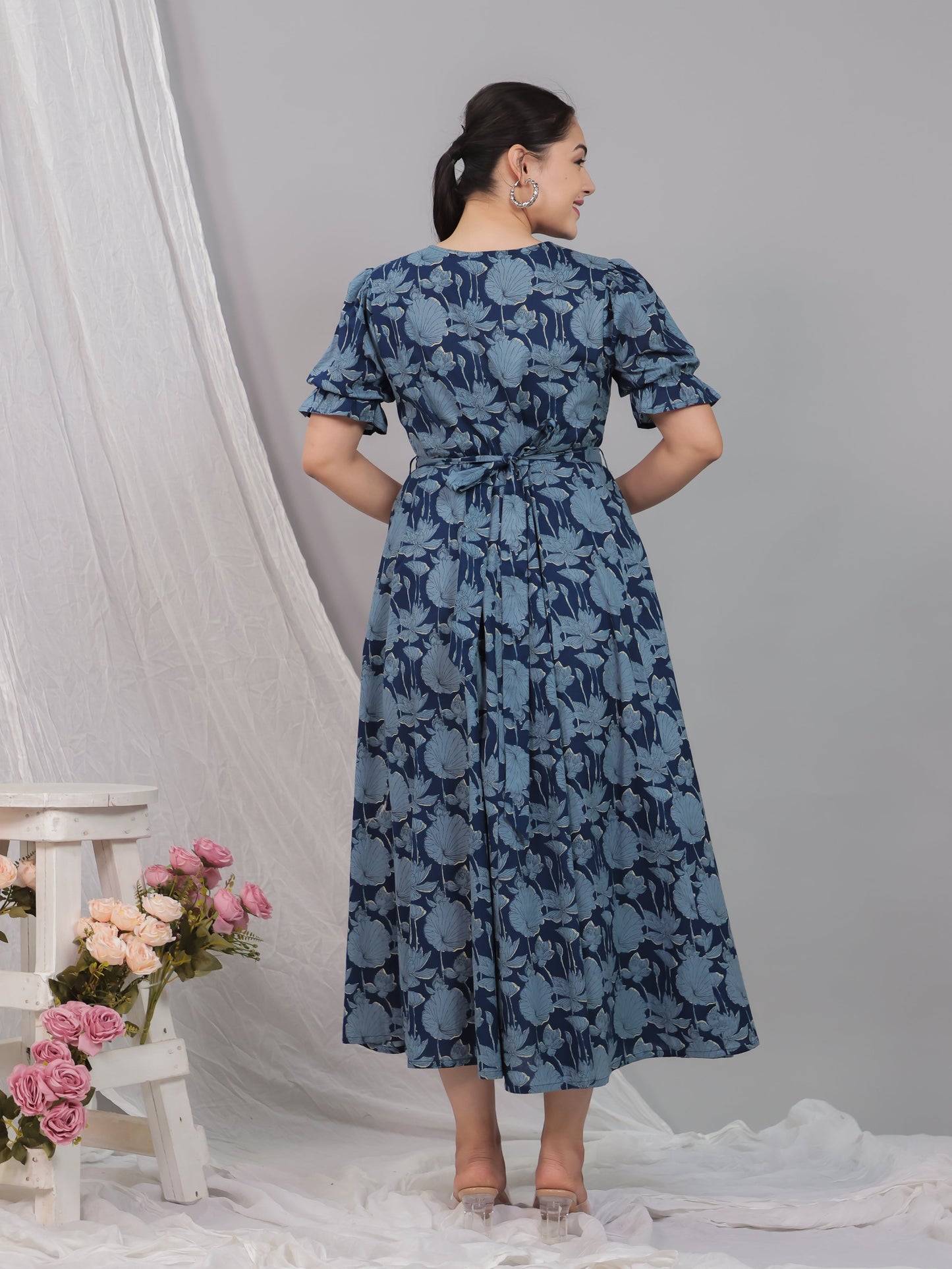 Soft Cotton Floral Flared Blue Dress
