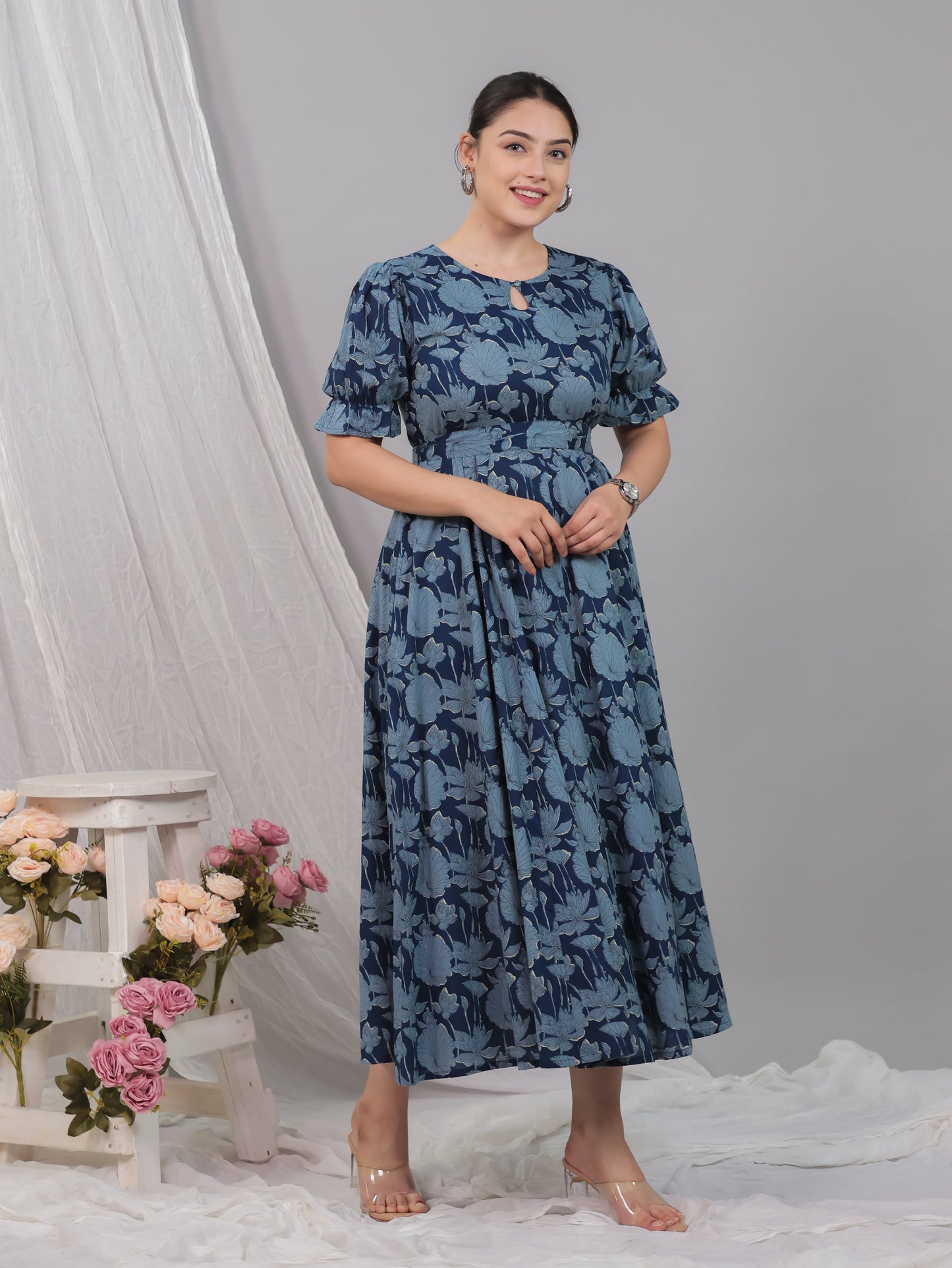 Soft Cotton Floral Flared Blue Dress