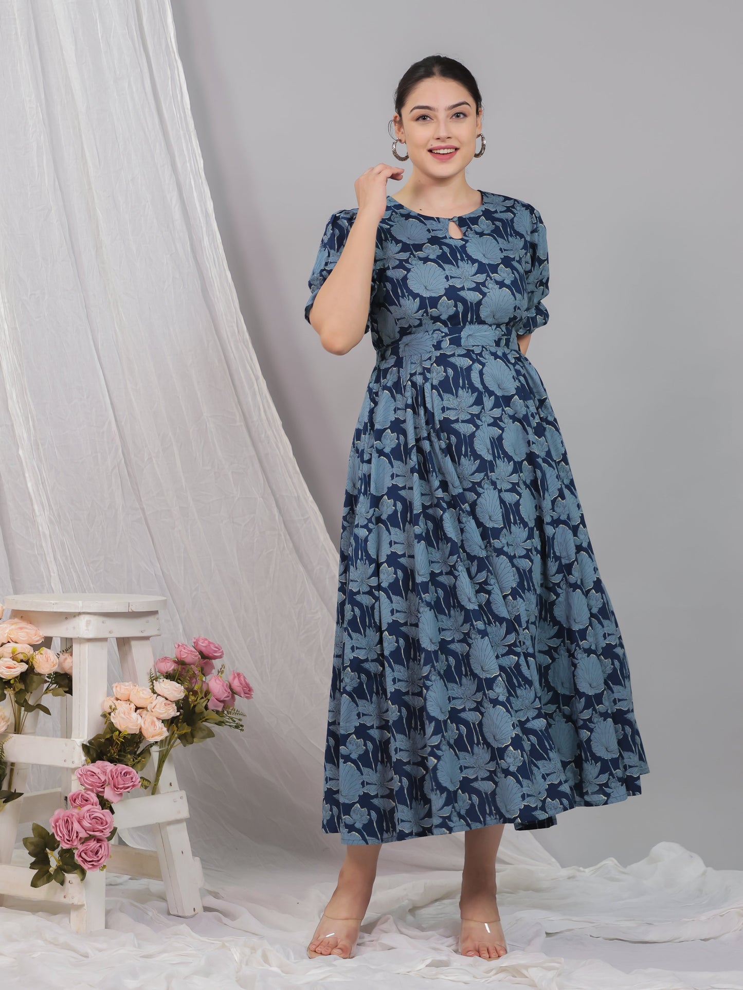 Soft Cotton Floral Flared Blue Dress