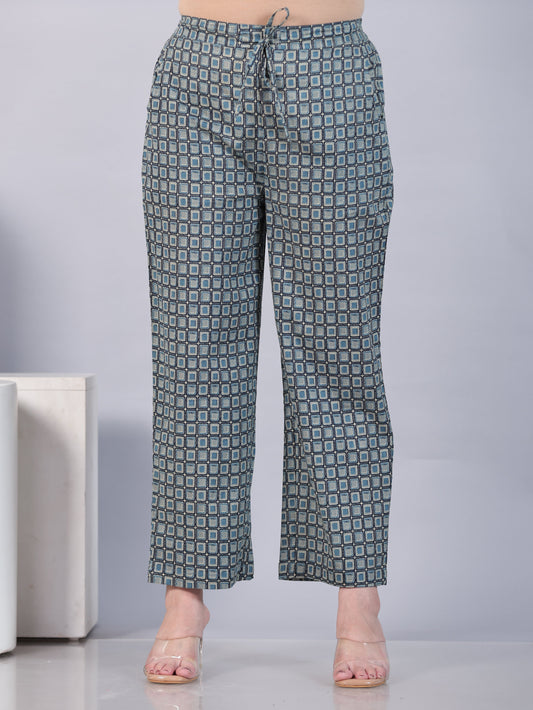 Soft Cotton Geometric Blue Straight Trousers