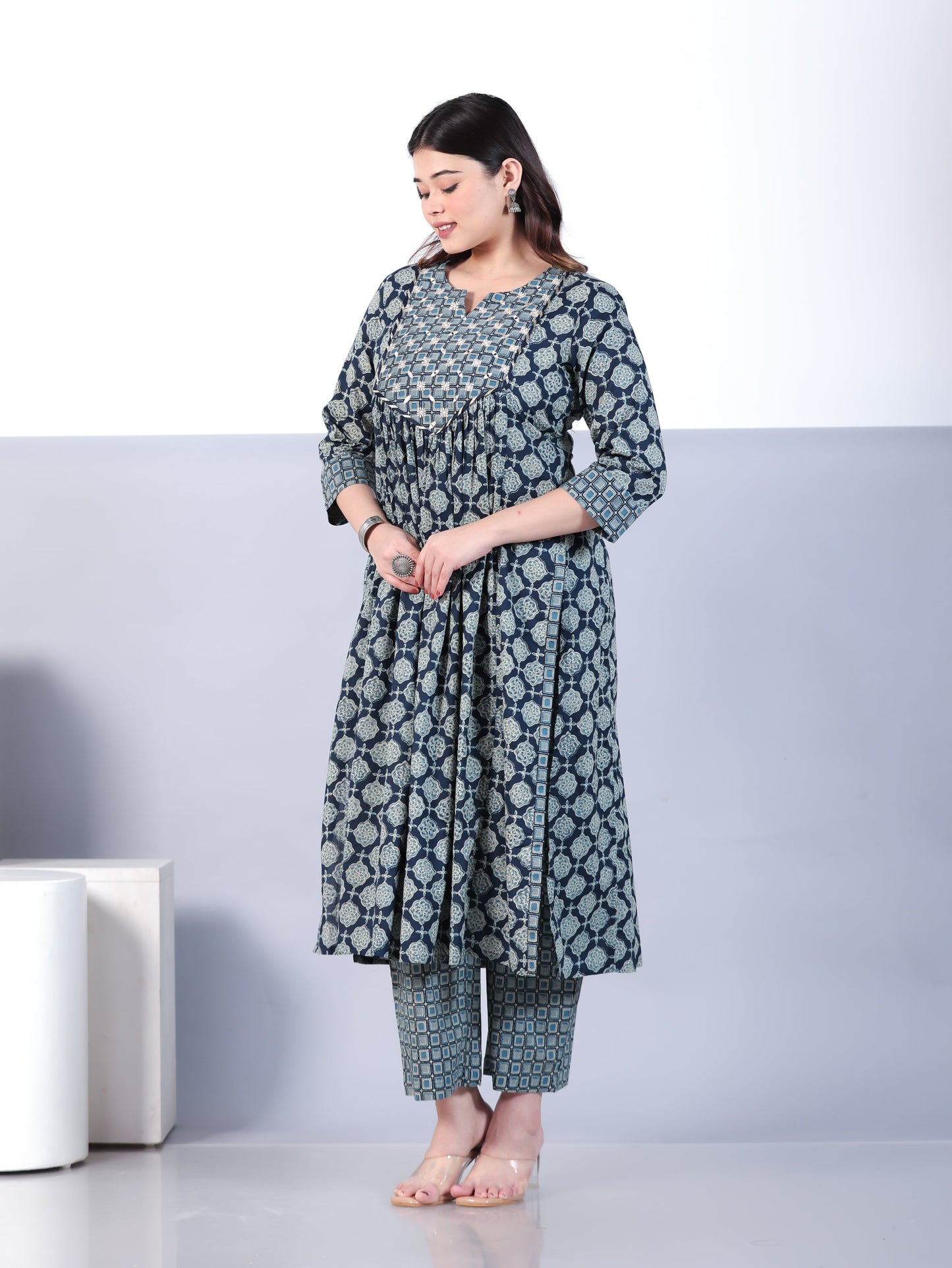 Embroidered Soft Cotton Geometric A-line Blue Kurta