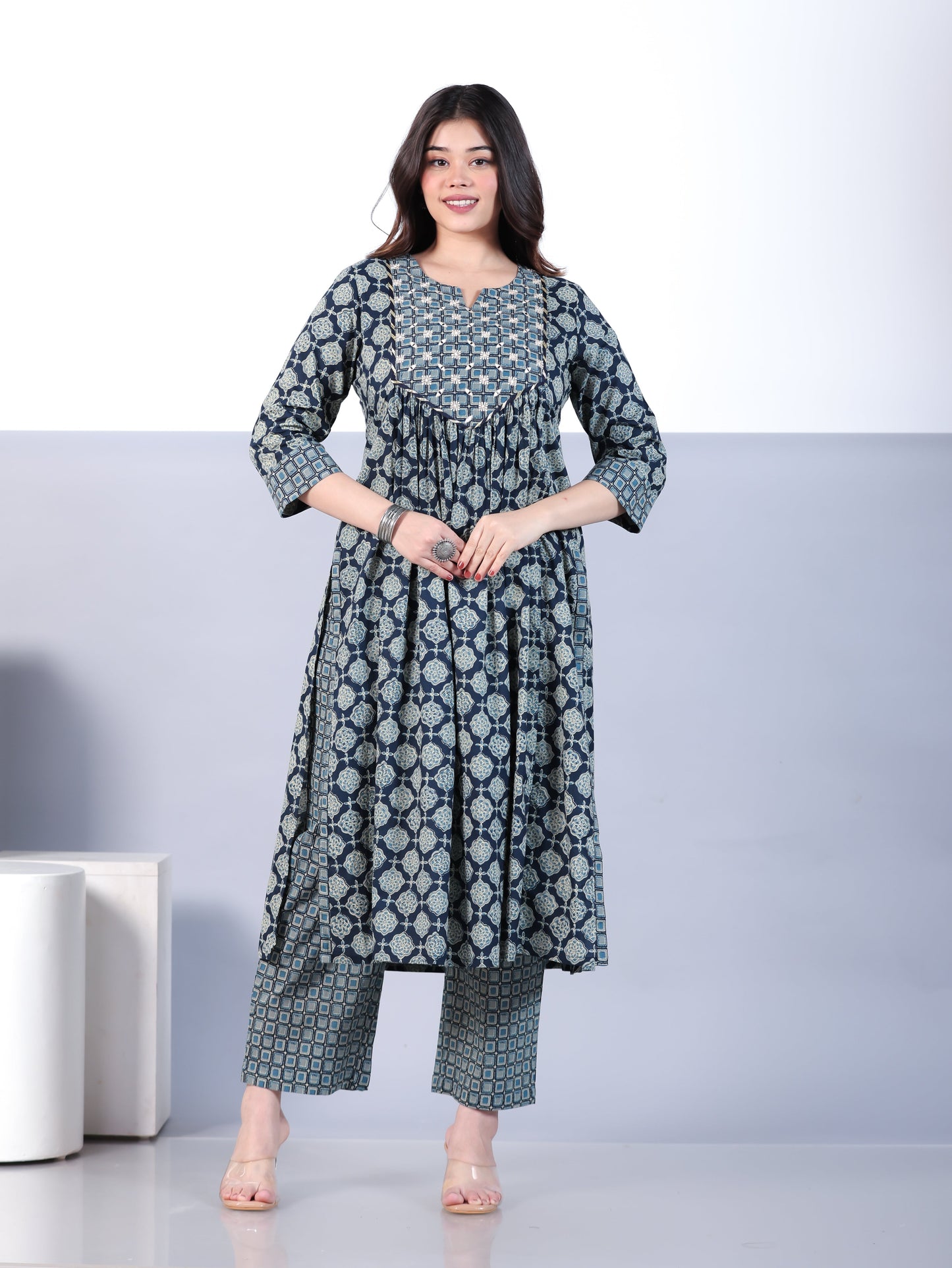 Embroidered Soft Cotton Geometric A-line Blue Kurta