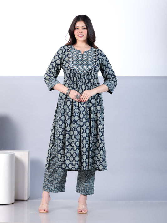 Embroidered Soft Cotton Geometric A-line Blue Kurta
