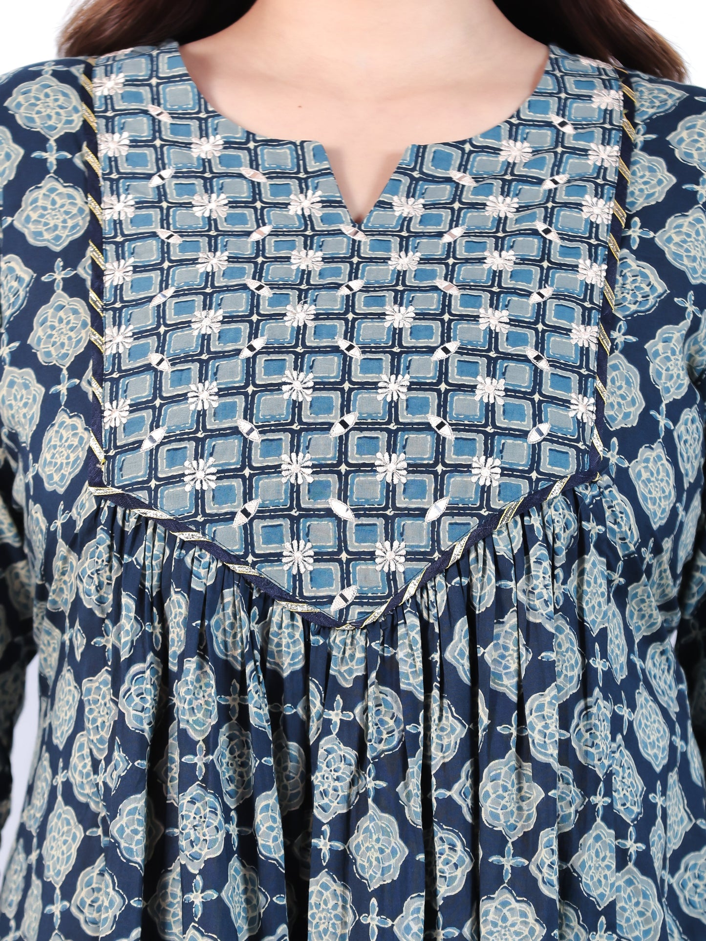 Embroidered Soft Cotton Geometric A-line Blue Kurta