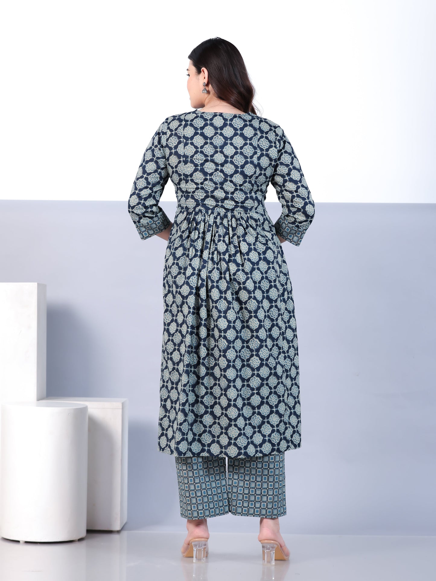 Embroidered Soft Cotton Geometric A-line Blue Kurta