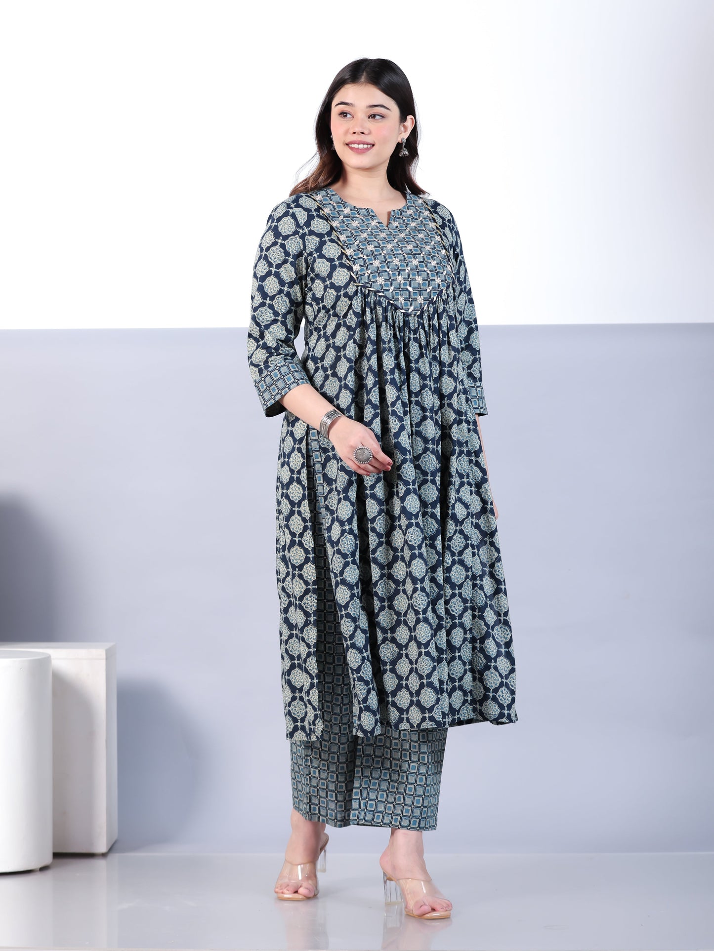 Embroidered Soft Cotton Geometric A-line Blue Kurta