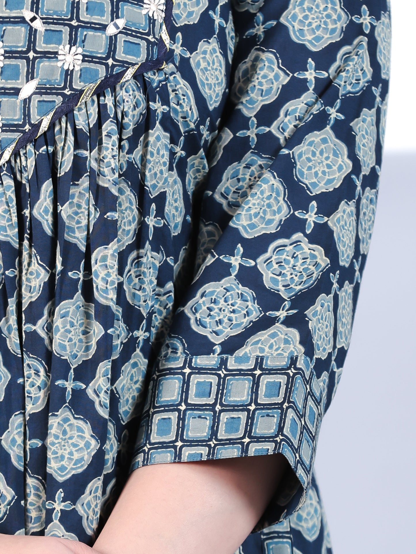 Embroidered Soft Cotton Geometric A-line Blue Kurta