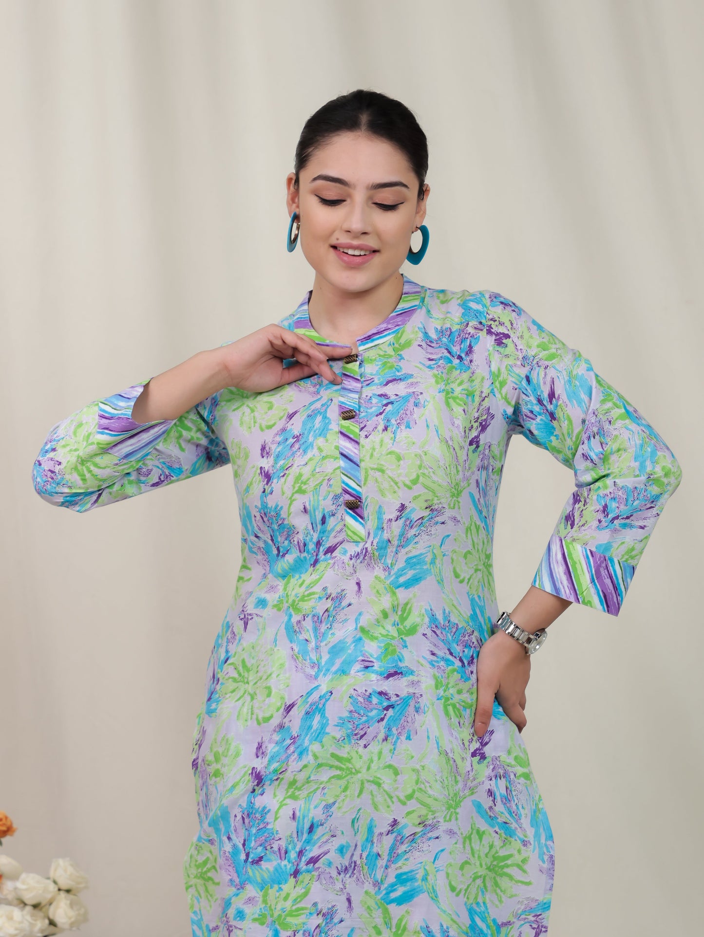 Soft Cotton Abstract Straight Purple Kurta