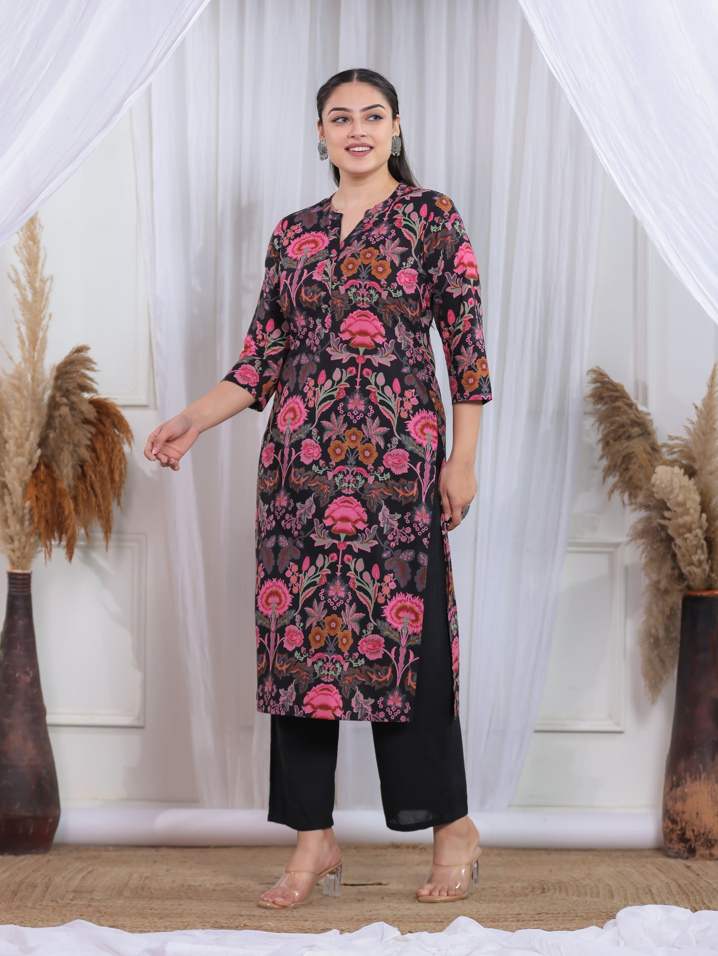 Soft Cotton Floral Straight Black Kurta