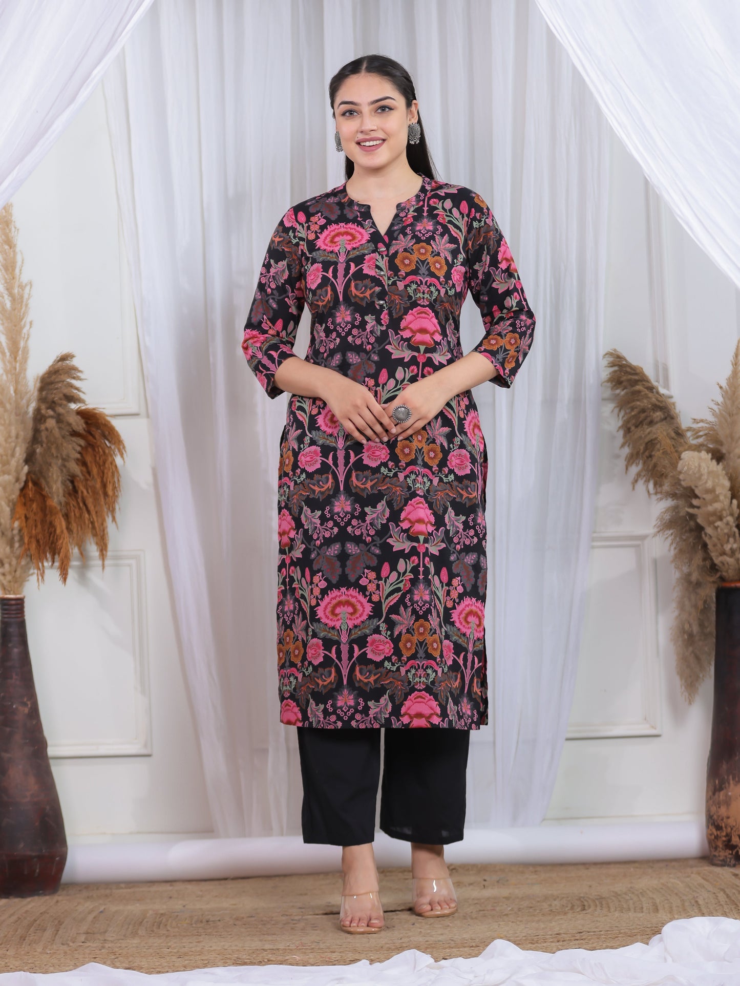 Soft Cotton Floral Straight Black Kurta
