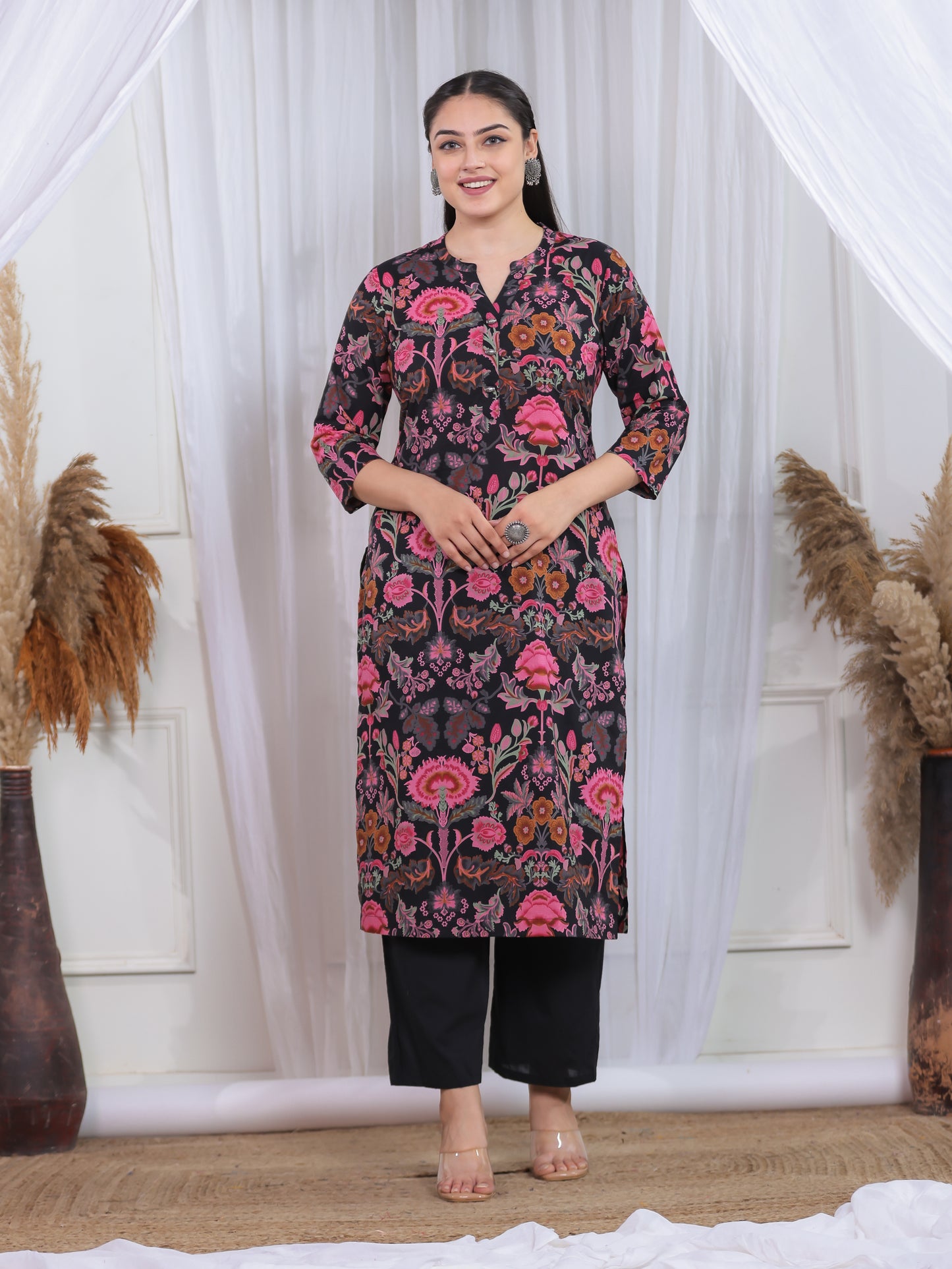 Soft Cotton Floral Straight Black Kurta