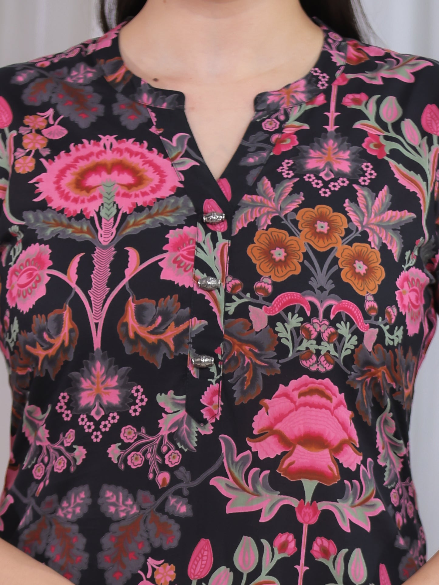 Soft Cotton Floral Straight Black Kurta