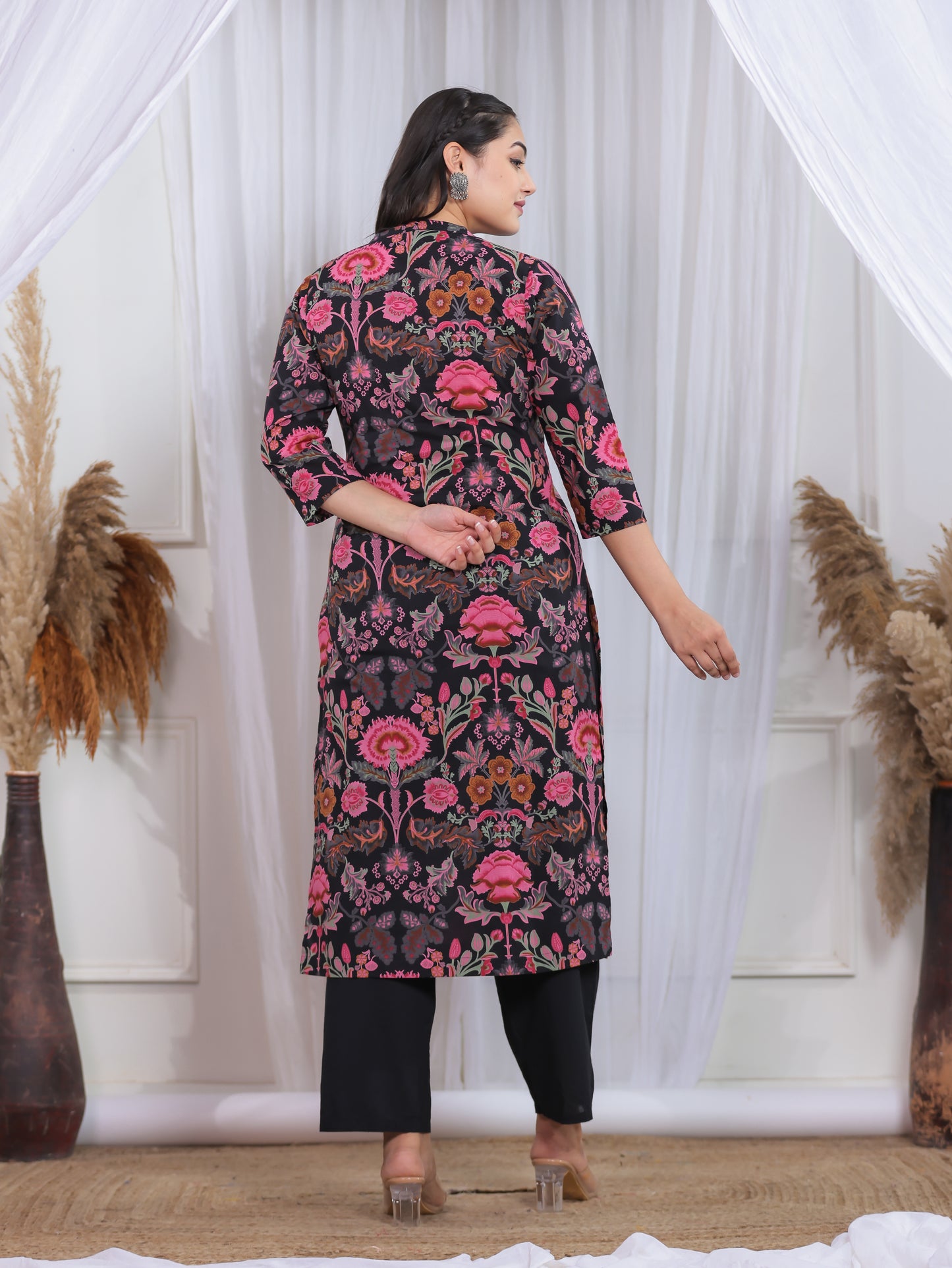 Soft Cotton Floral Straight Black Kurta