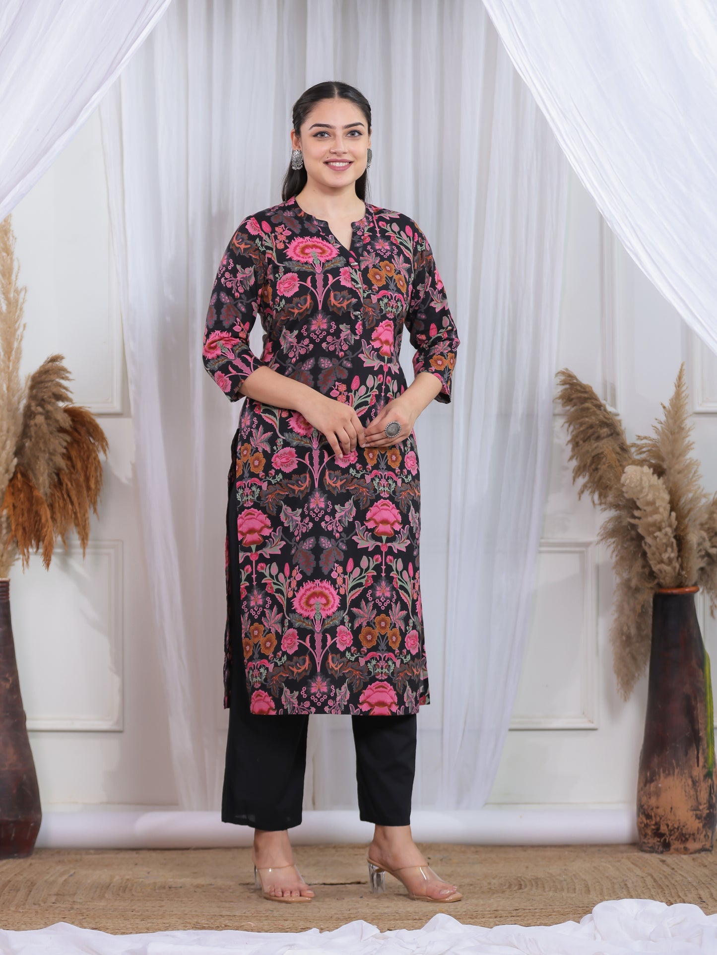 Soft Cotton Floral Straight Black Kurta