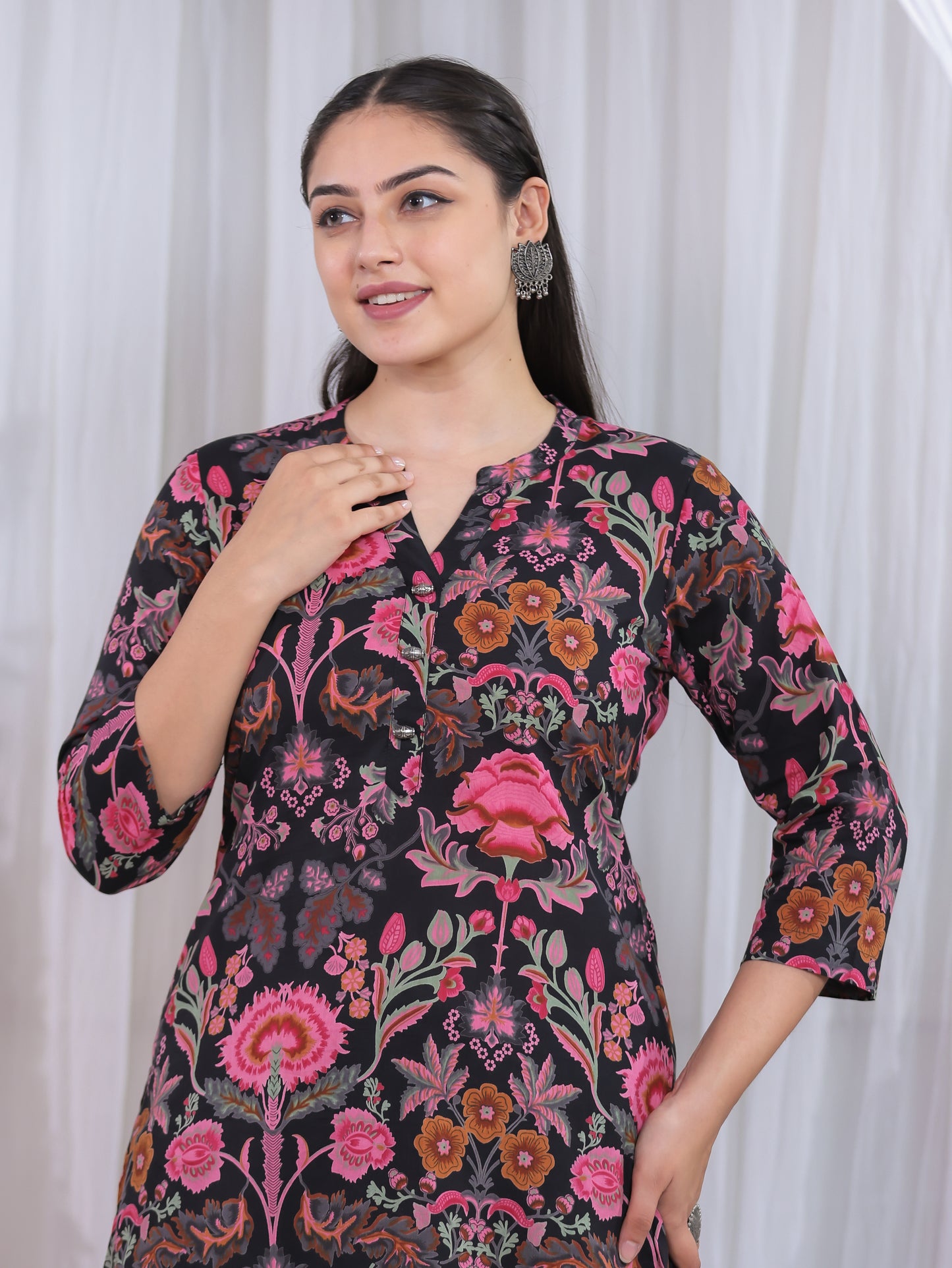 Soft Cotton Floral Straight Black Kurta
