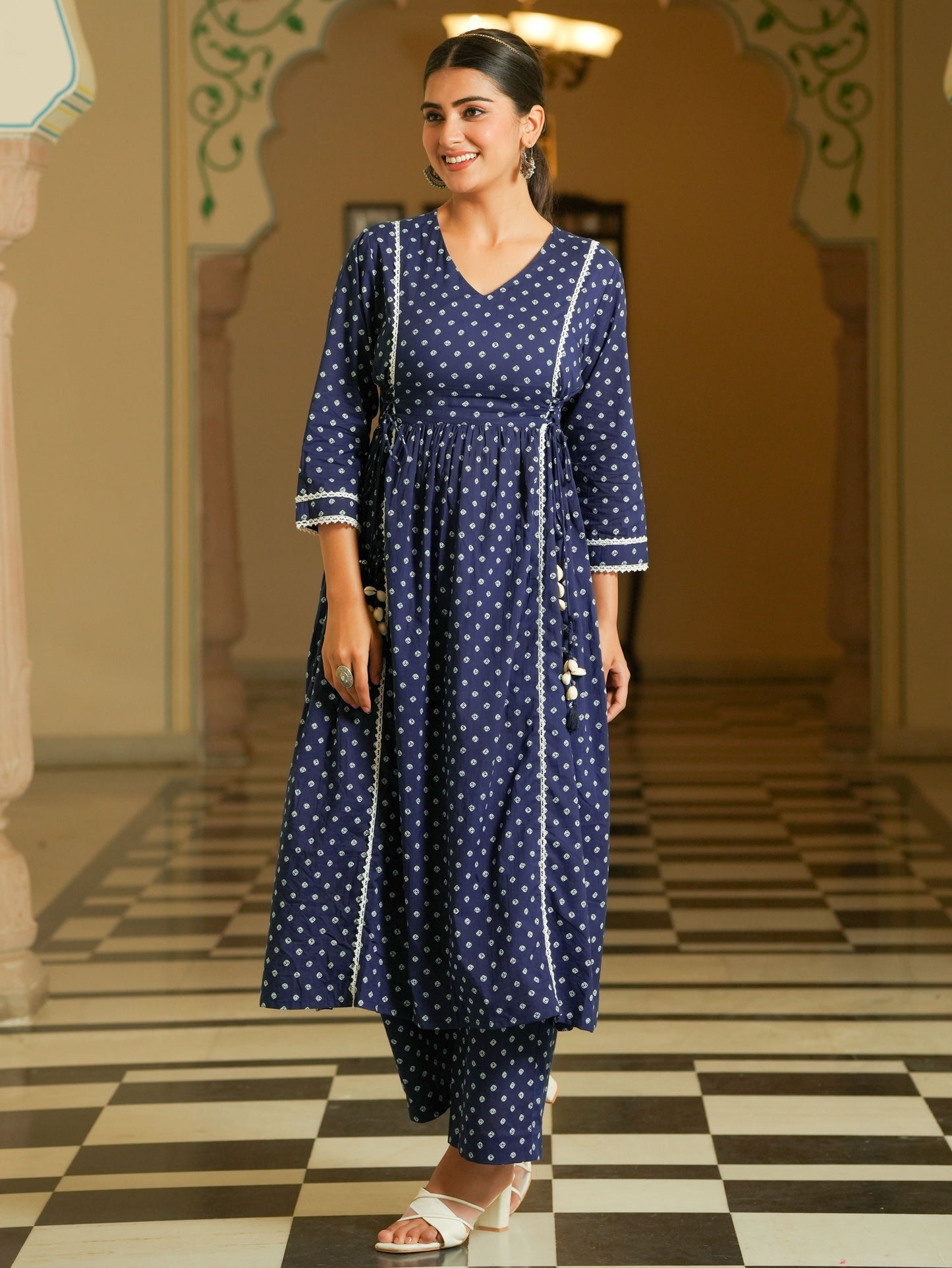 Soft Cotton Bandhani Flared Blue Kurta