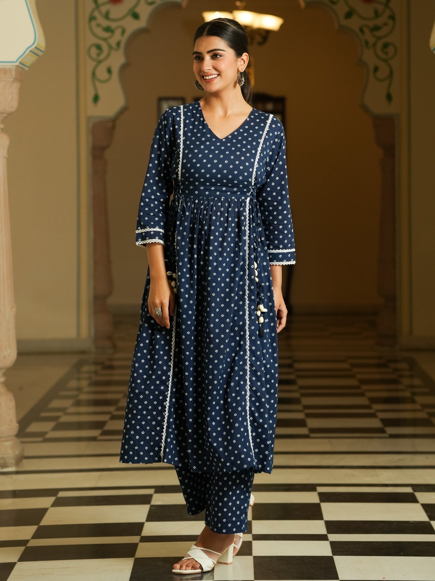 Soft Cotton Bandhani Flared Blue Kurta