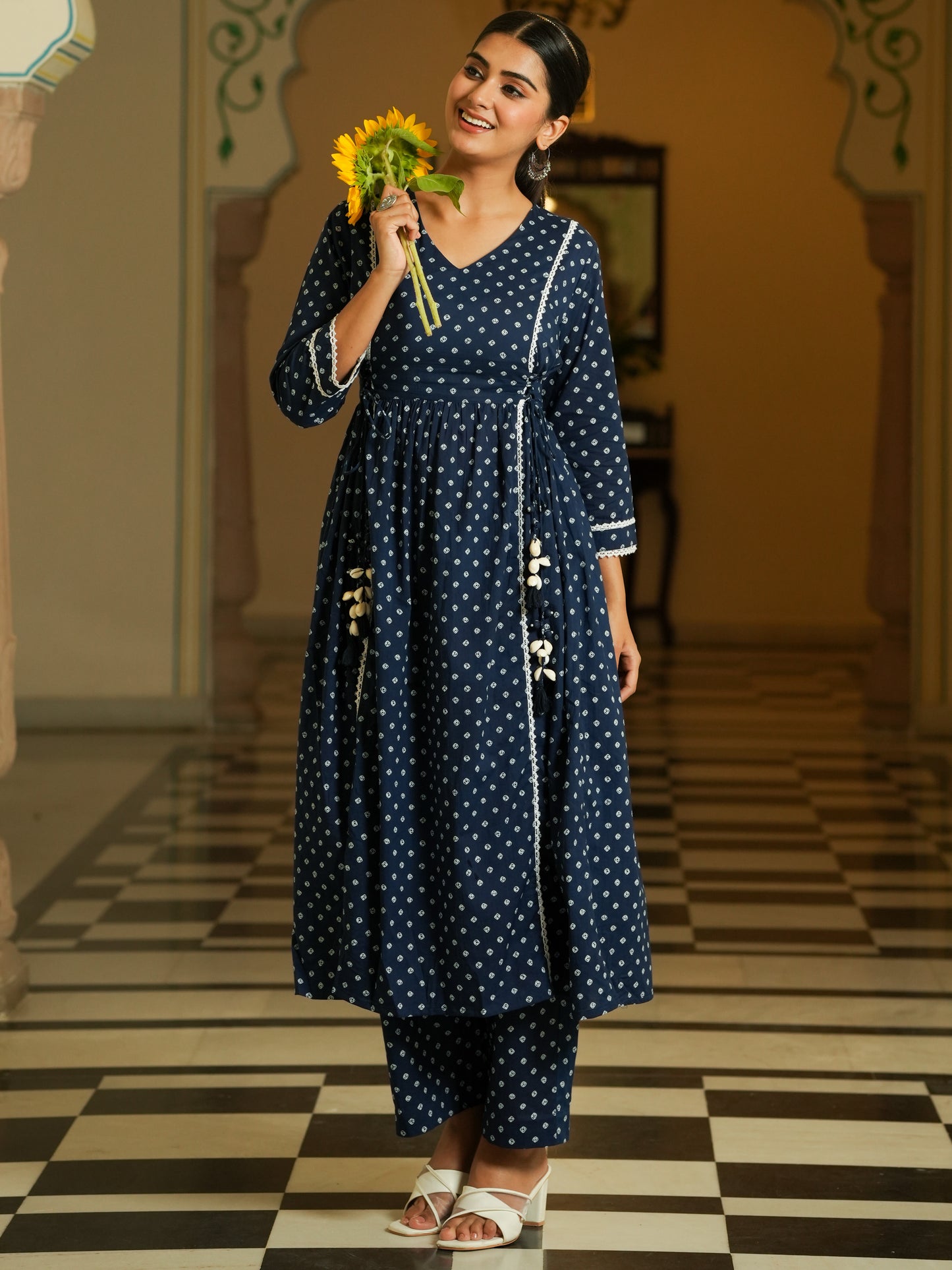 Soft Cotton Bandhani Flared Blue Kurta