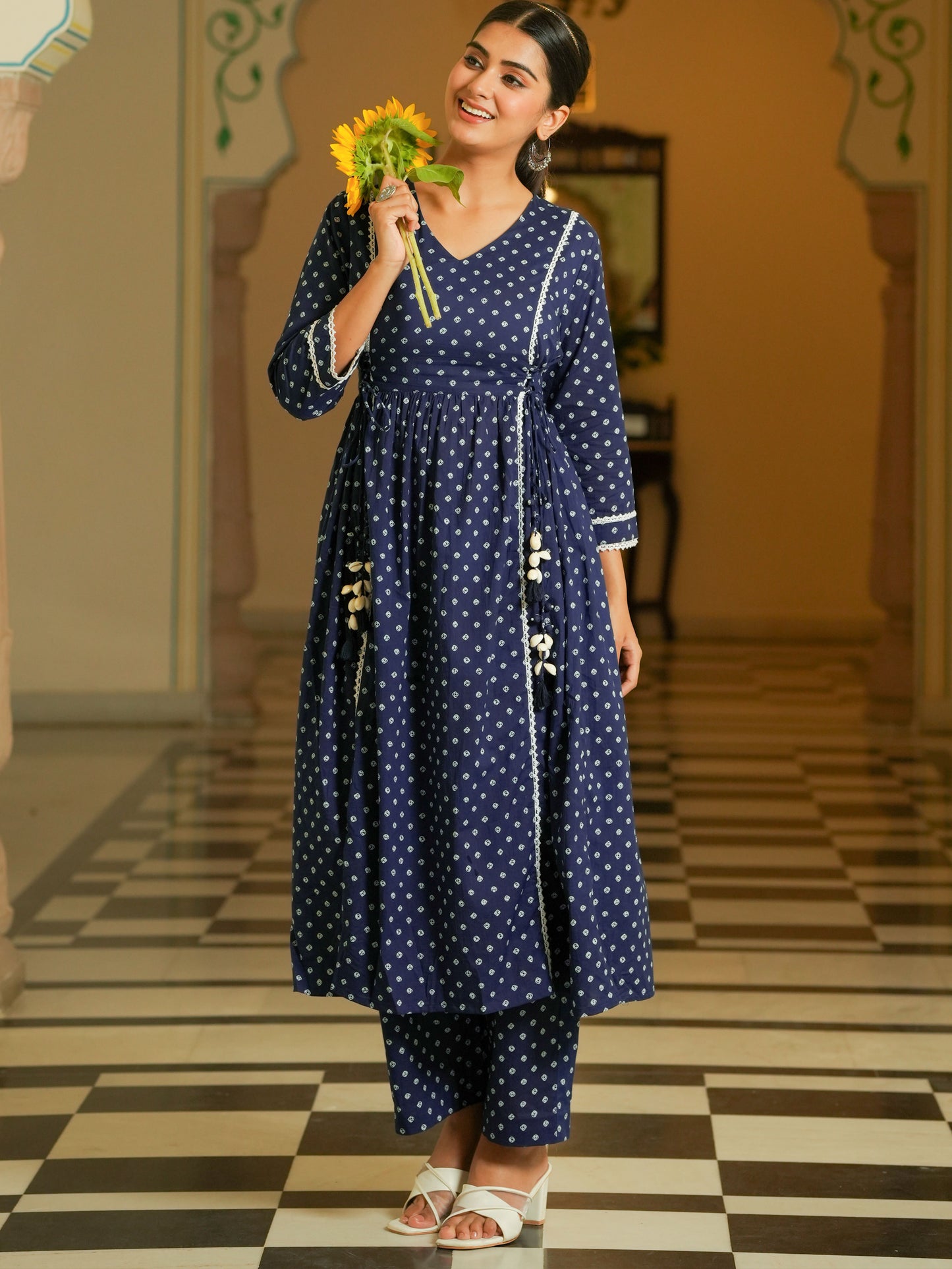 Soft Cotton Bandhani Flared Blue Kurta