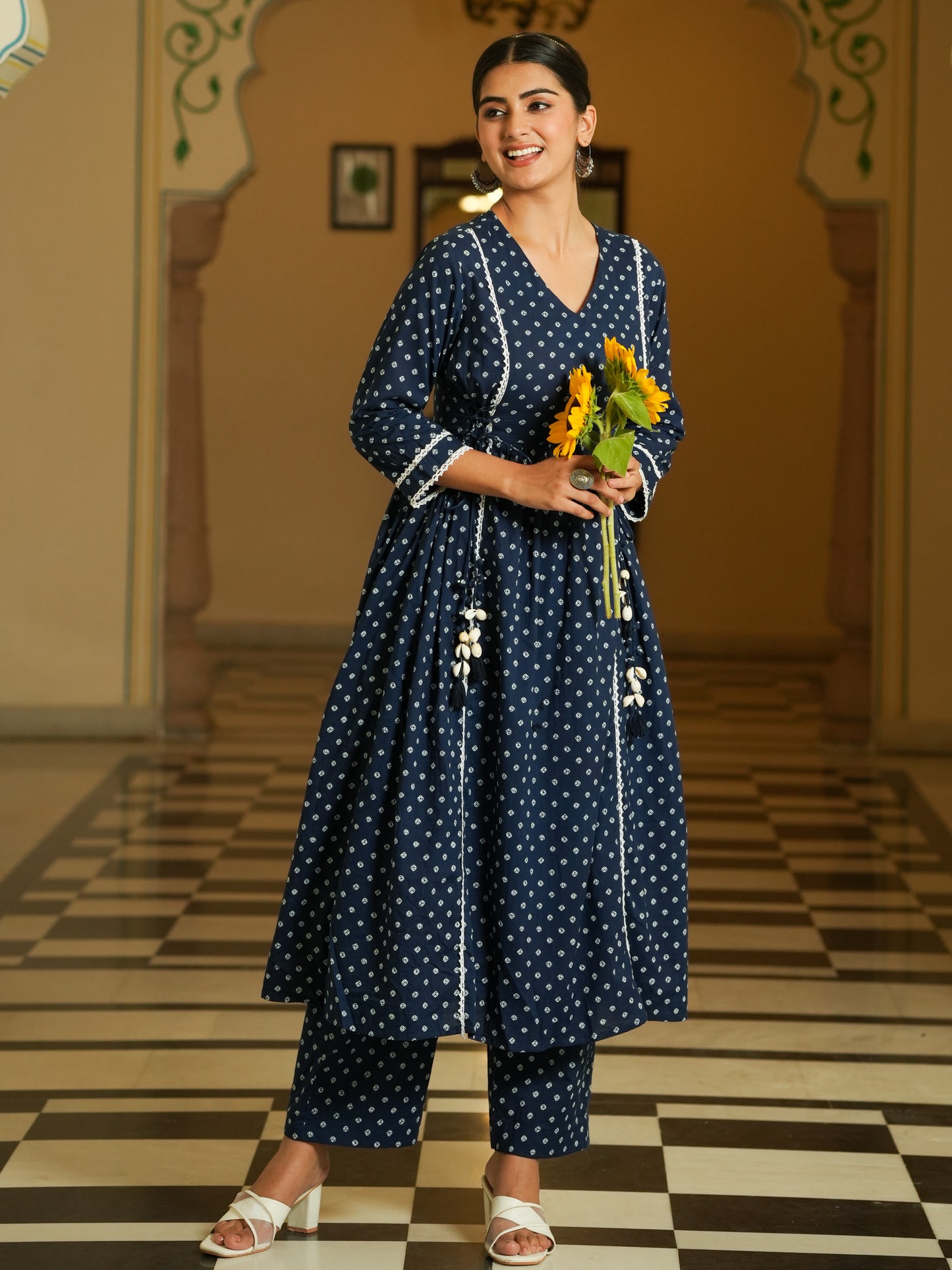 Soft Cotton Bandhani Flared Blue Kurta