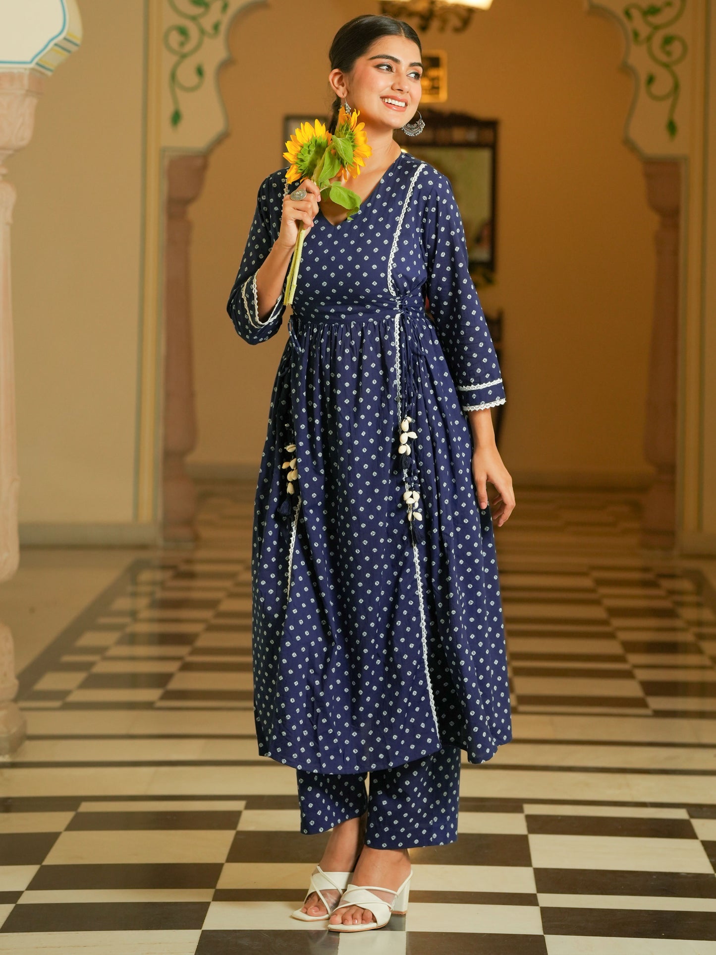 Soft Cotton Bandhani Flared Blue Kurta