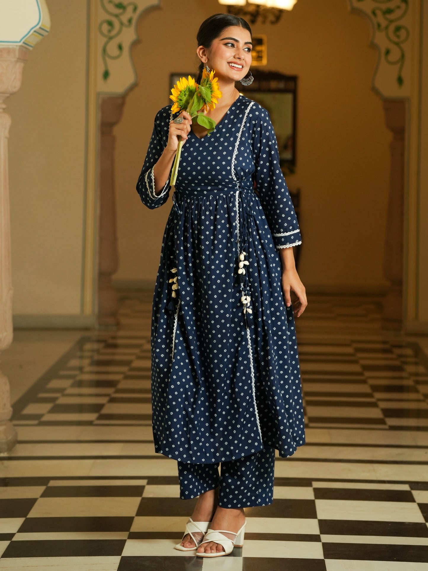 Soft Cotton Bandhani Flared Blue Kurta