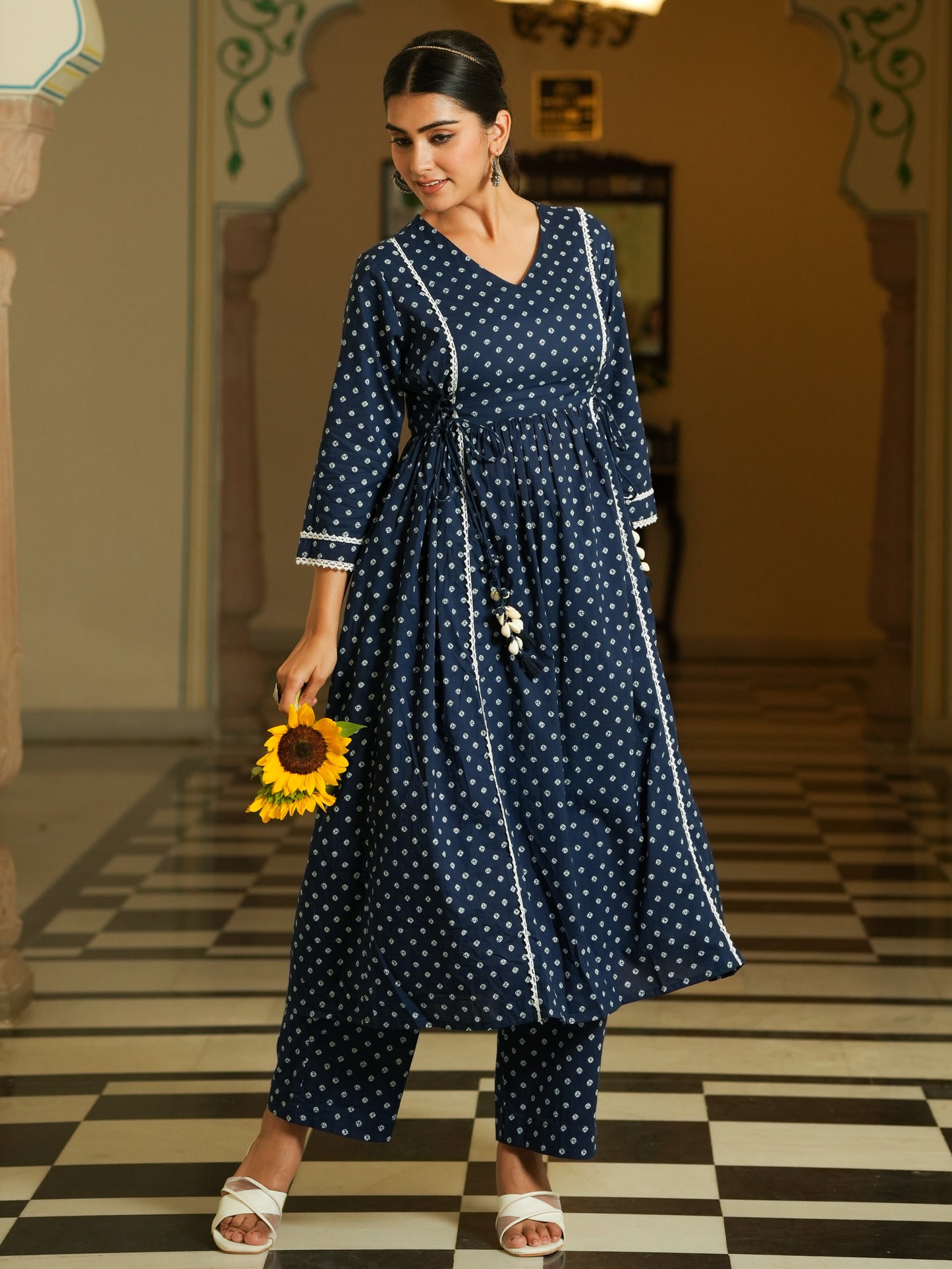 Soft Cotton Bandhani Flared Blue Kurta