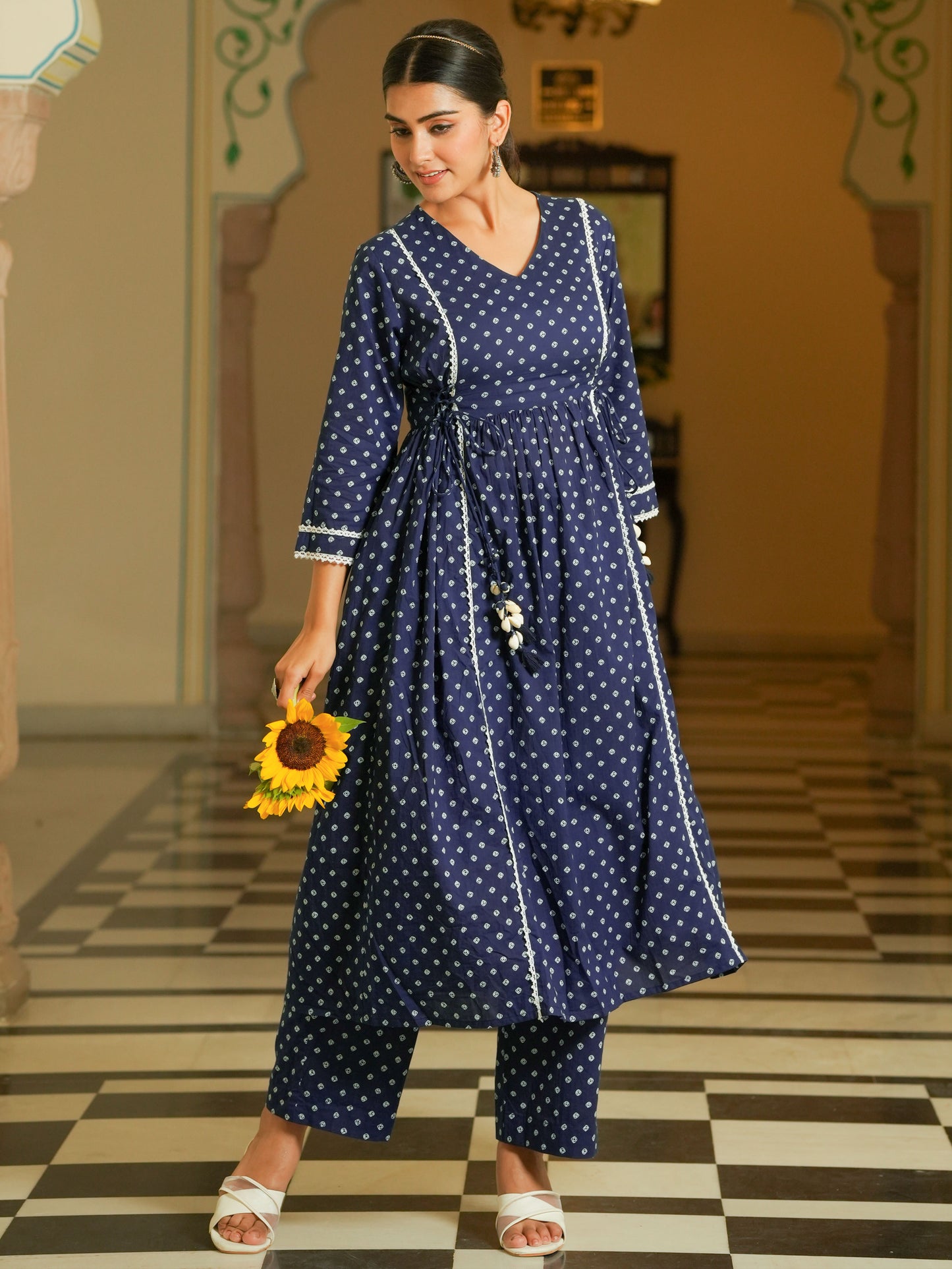 Soft Cotton Bandhani Flared Blue Kurta