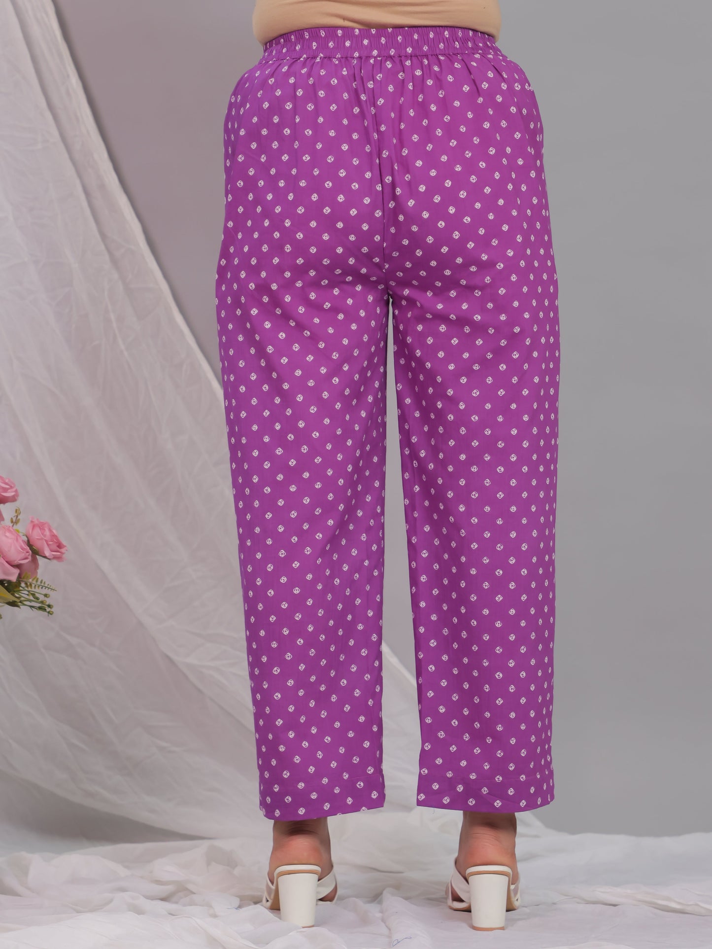 Soft Cotton Bandhani Purple Straight Trousers