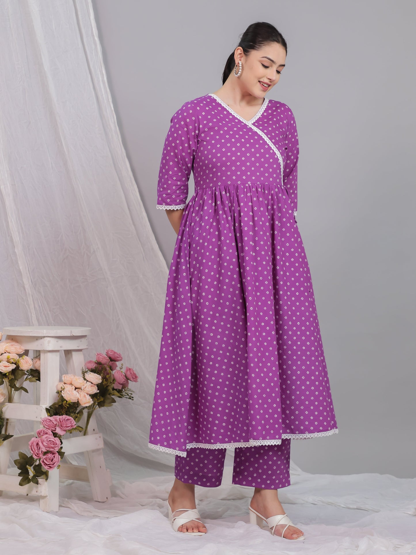 Soft Cotton Bandhani Angrakha Purple Kurta