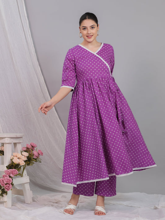 Soft Cotton Bandhani Angrakha Purple Kurta