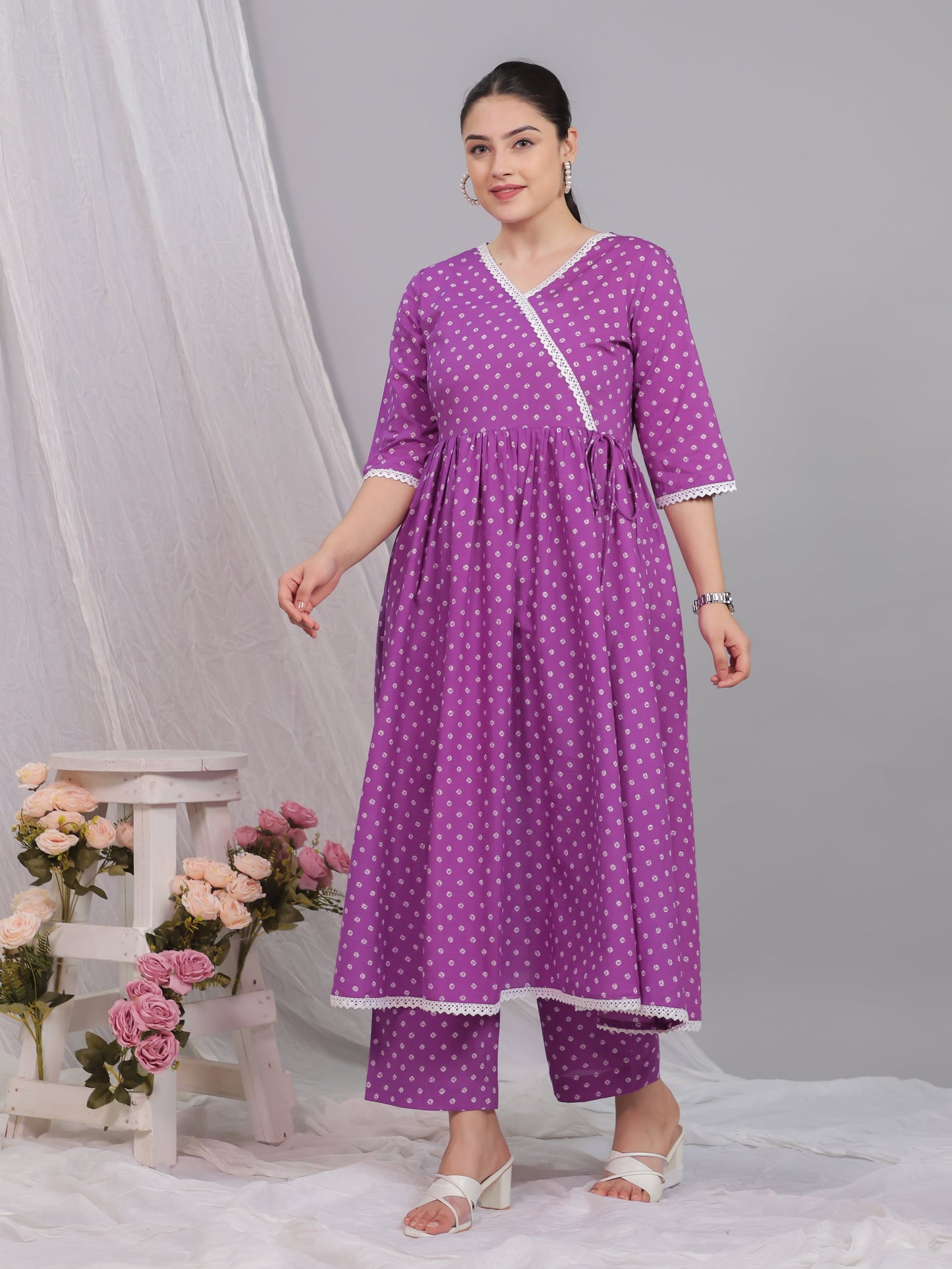 Soft Cotton Bandhani Angrakha Purple Kurta