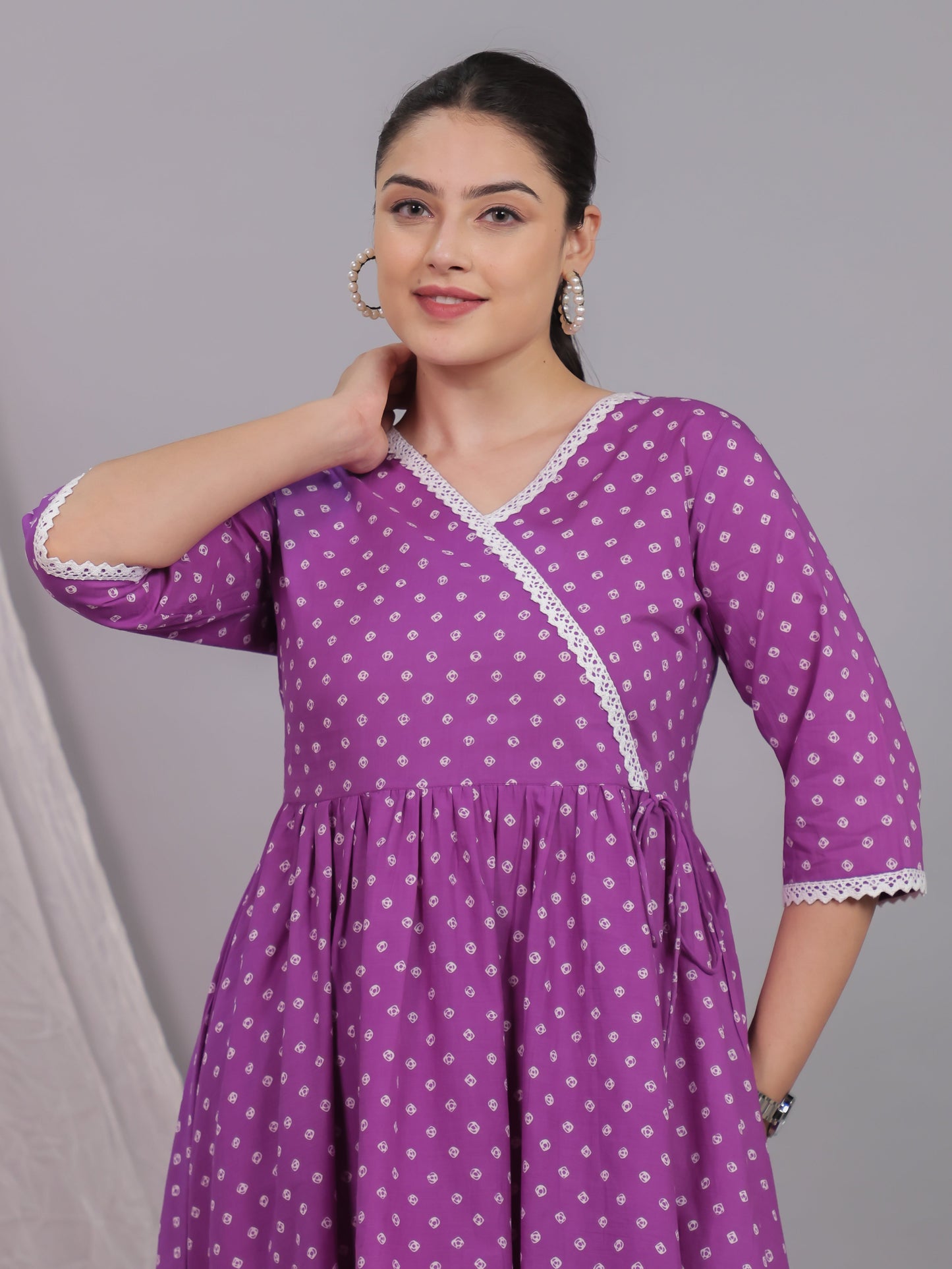 Soft Cotton Bandhani Angrakha Purple Kurta