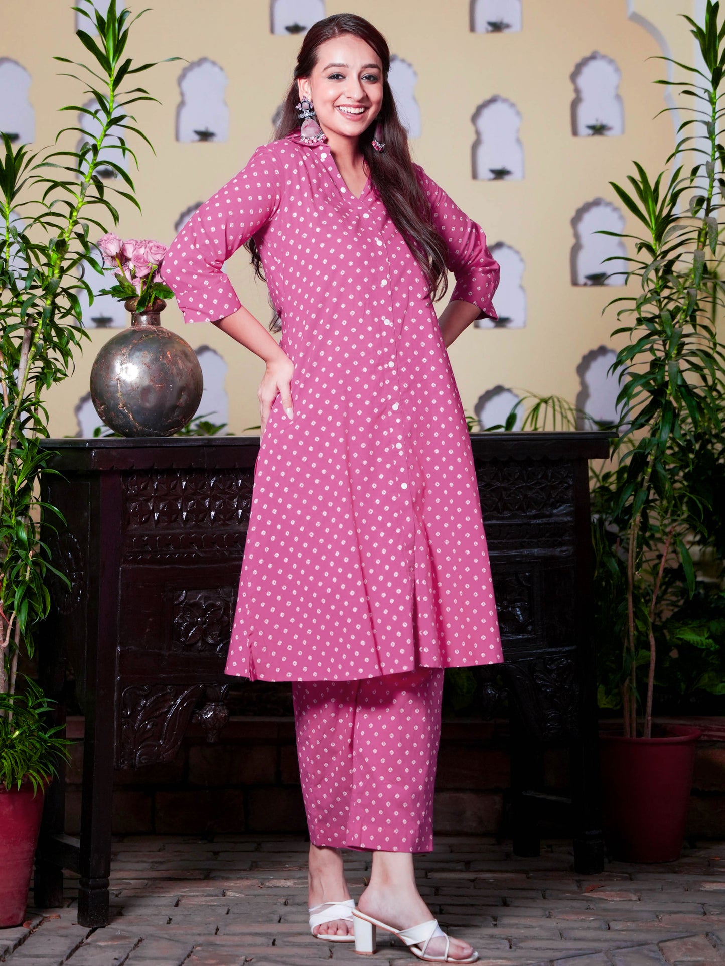 Soft Cotton Bandhani Straight Pink Kurta