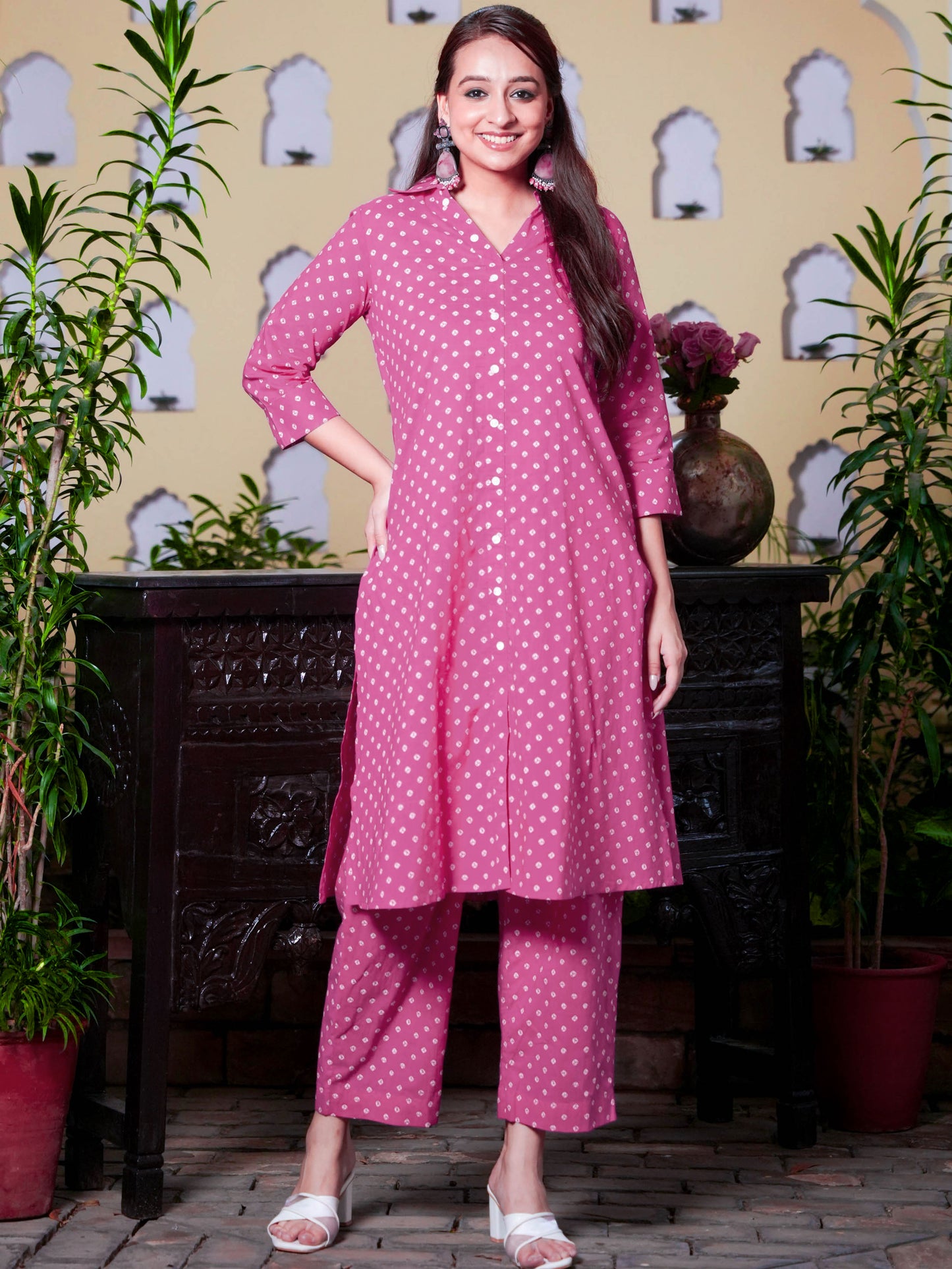 Soft Cotton Bandhani Straight Pink Kurta