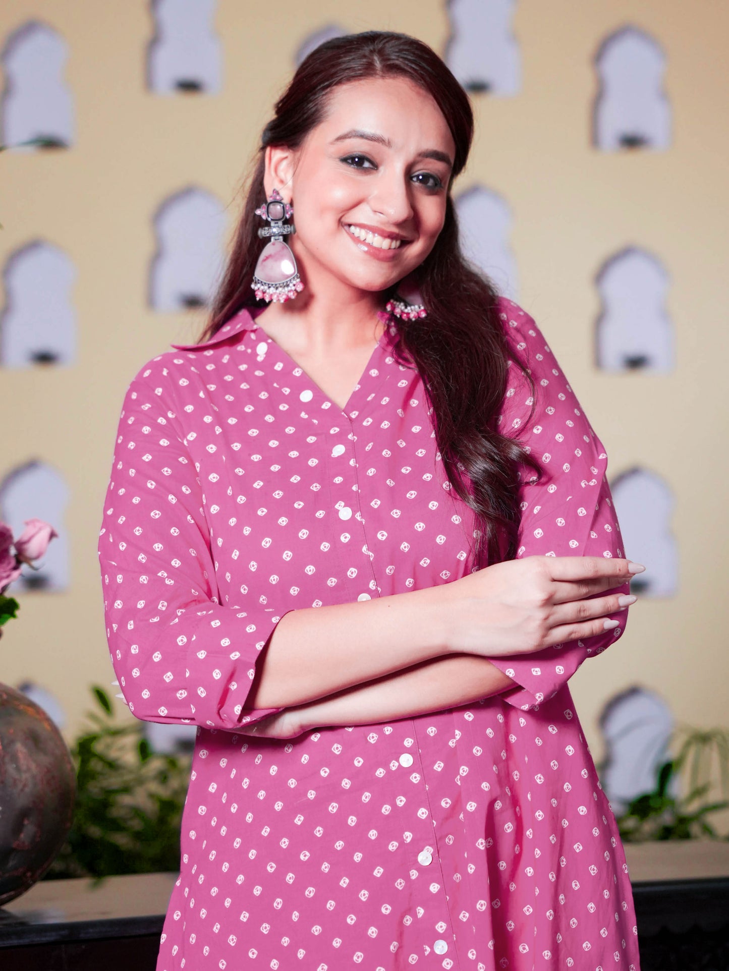 Soft Cotton Bandhani Straight Pink Kurta